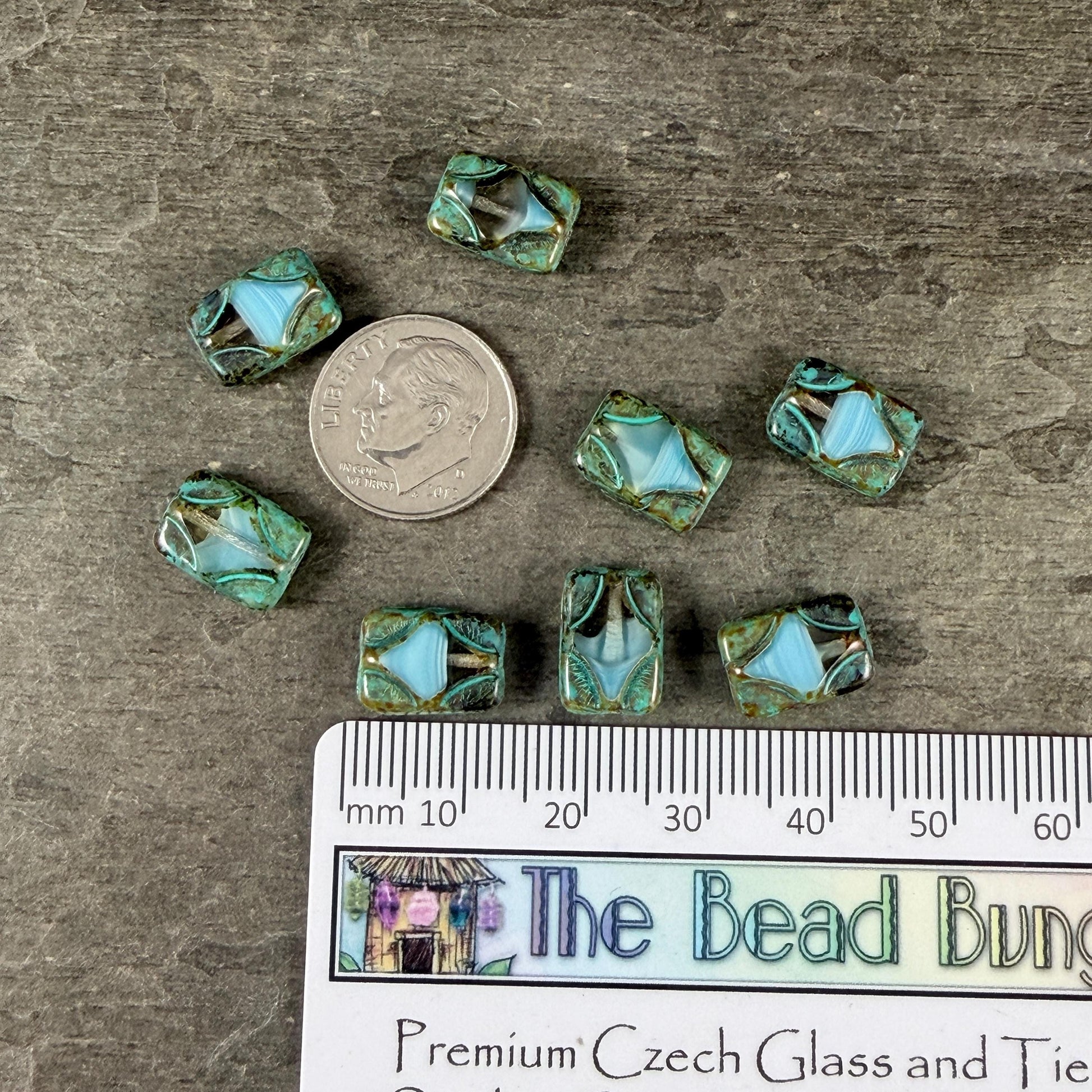 Czech Beads - 12x8mm Table-Cut Rectangle, Clear and Sky Blue with Travertine Picasso (TCDR2) * 8 Beads
