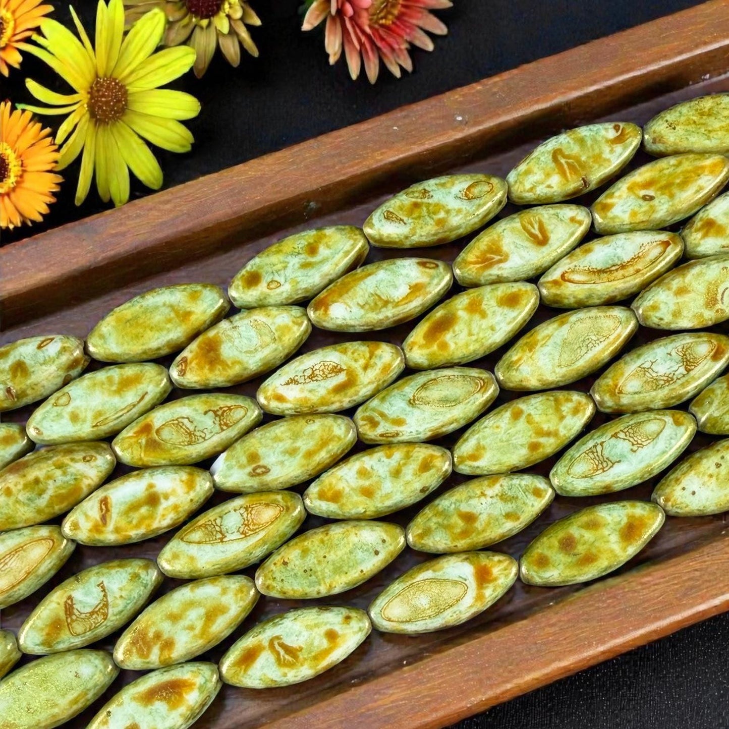 Czech Glass - 17x8mm Marquise Spindle Bead, Alabaster Moss Green Picasso (PSpndl-15) * 8 Beads