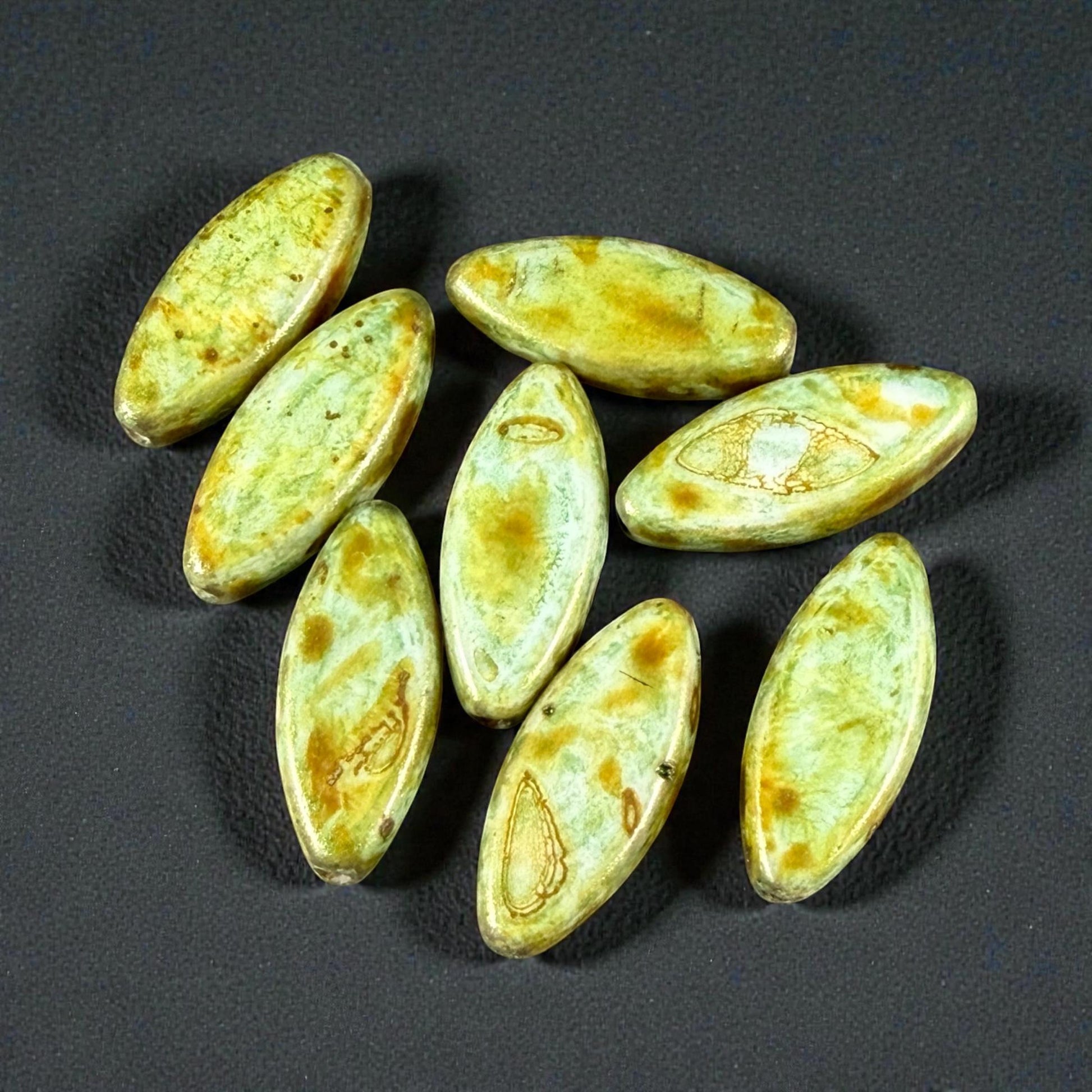 Czech Glass - 17x8mm Marquise Spindle Bead, Alabaster Moss Green Picasso (PSpndl-15) * 8 Beads