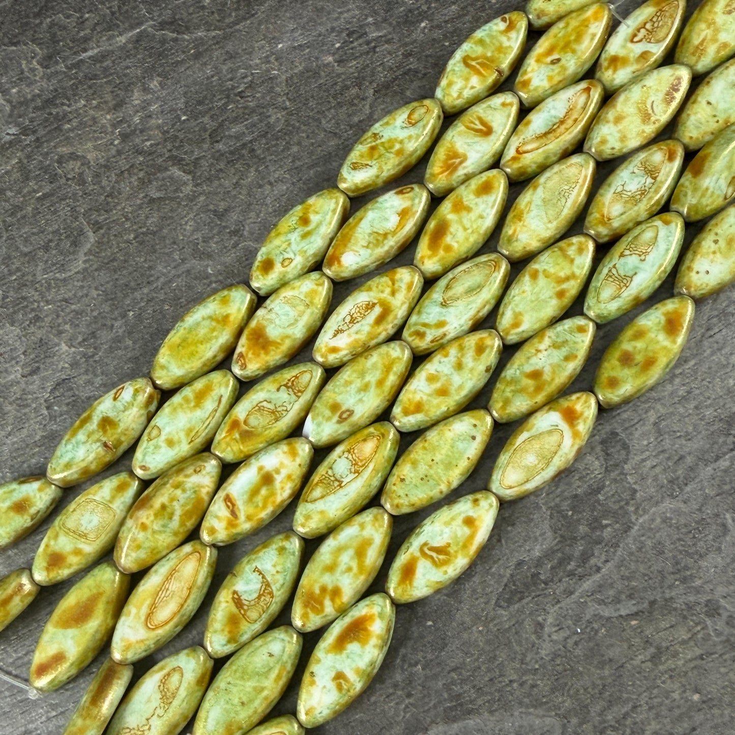Czech Glass - 17x8mm Marquise Spindle Bead, Alabaster Moss Green Picasso (PSpndl-15) * 8 Beads