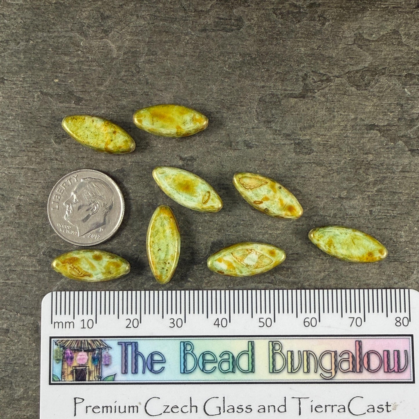 Czech Glass - 17x8mm Marquise Spindle Bead, Alabaster Moss Green Picasso (PSpndl-15) * 8 Beads