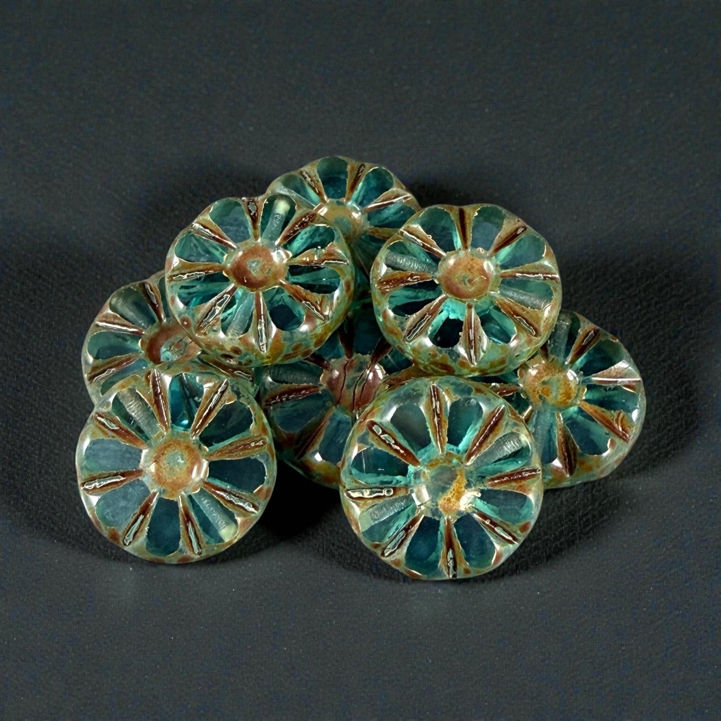 Czech Glass Beads, 12.5mm Table-Cut Coin, Dark Aqua with Travertine Picasso (TCF-66) * Qty. 8