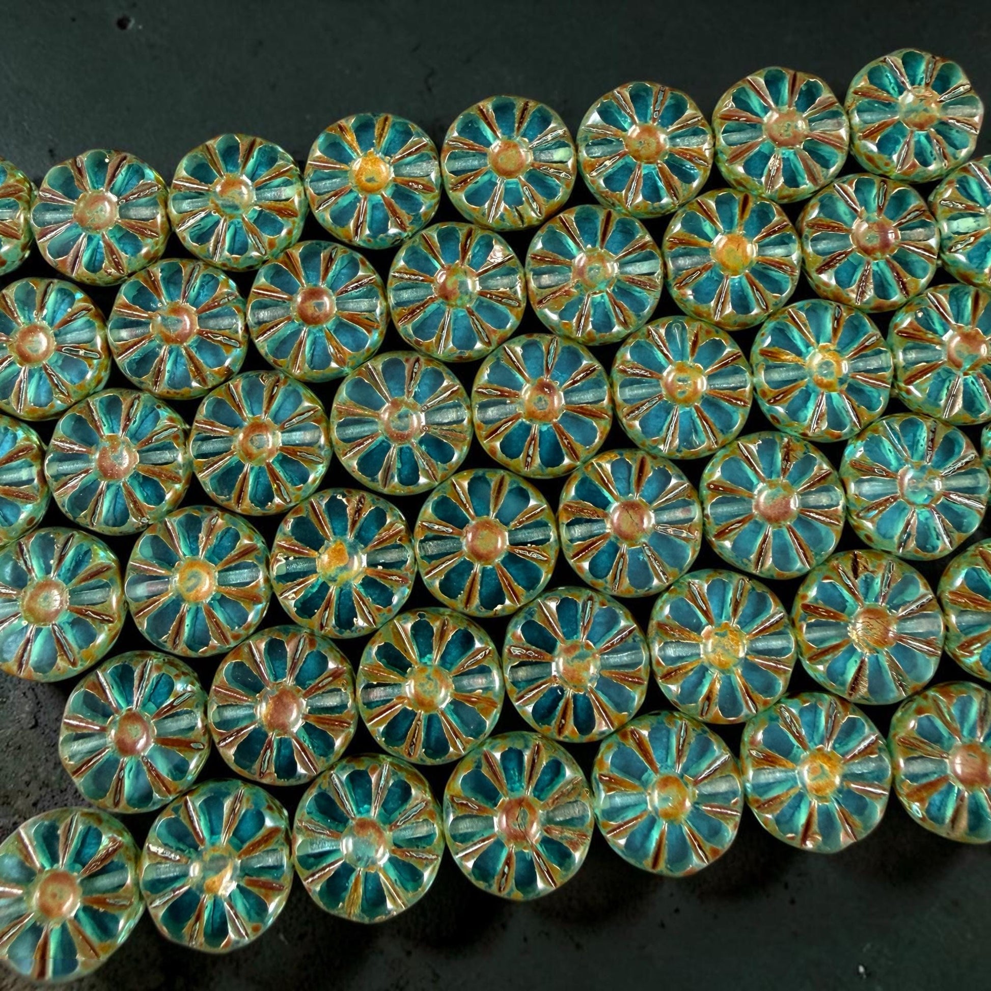 Czech Glass Beads, 12.5mm Table-Cut Coin, Dark Aqua with Travertine Picasso (TCF-66) * Qty. 8