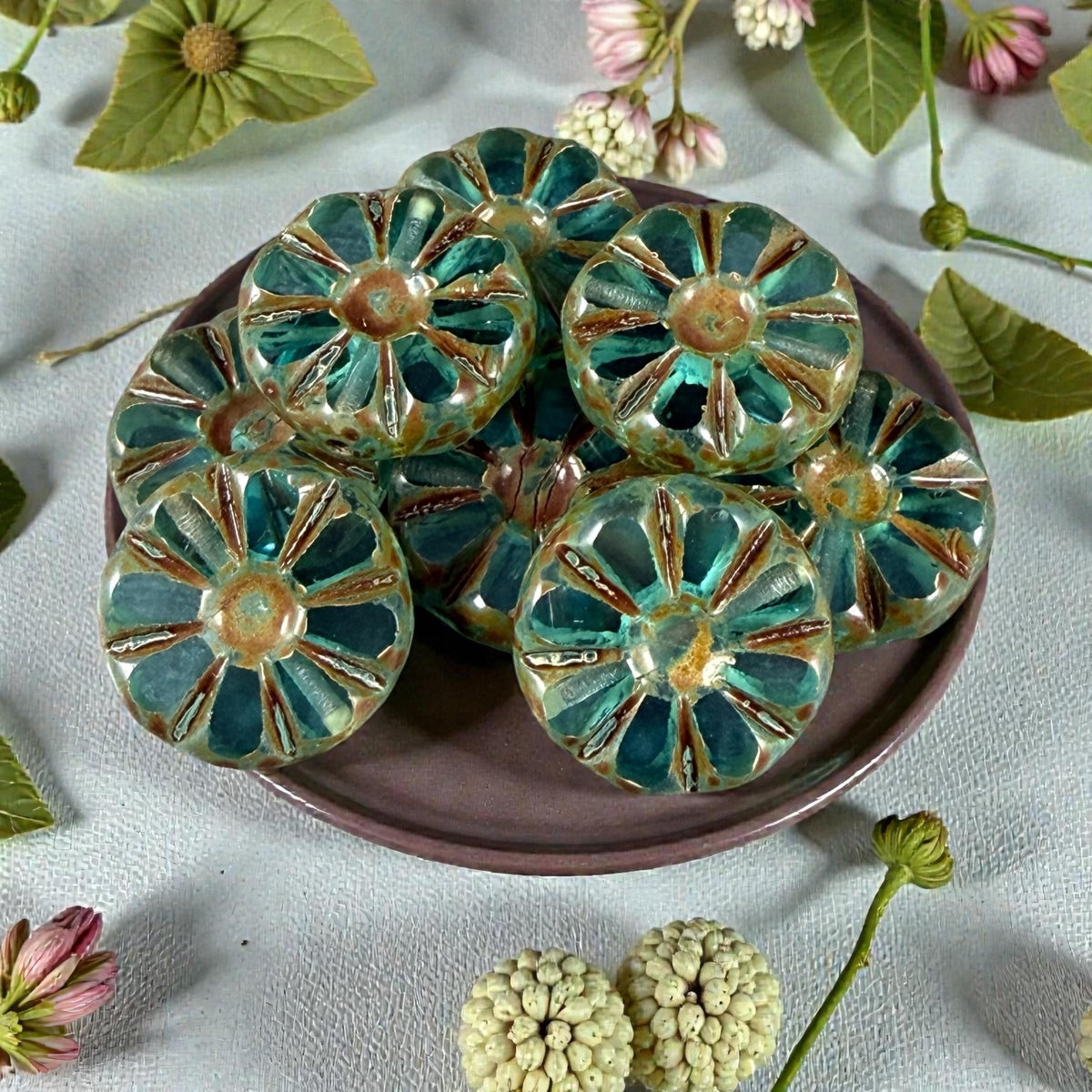 Czech Glass Beads, 12.5mm Table-Cut Coin, Dark Aqua with Travertine Picasso (TCF-66) * Qty. 8
