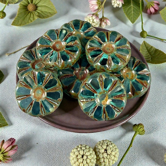 Czech Glass Beads, 12.5mm Table-Cut Coin, Dark Aqua with Travertine Picasso (TCF-66) * Qty. 8
