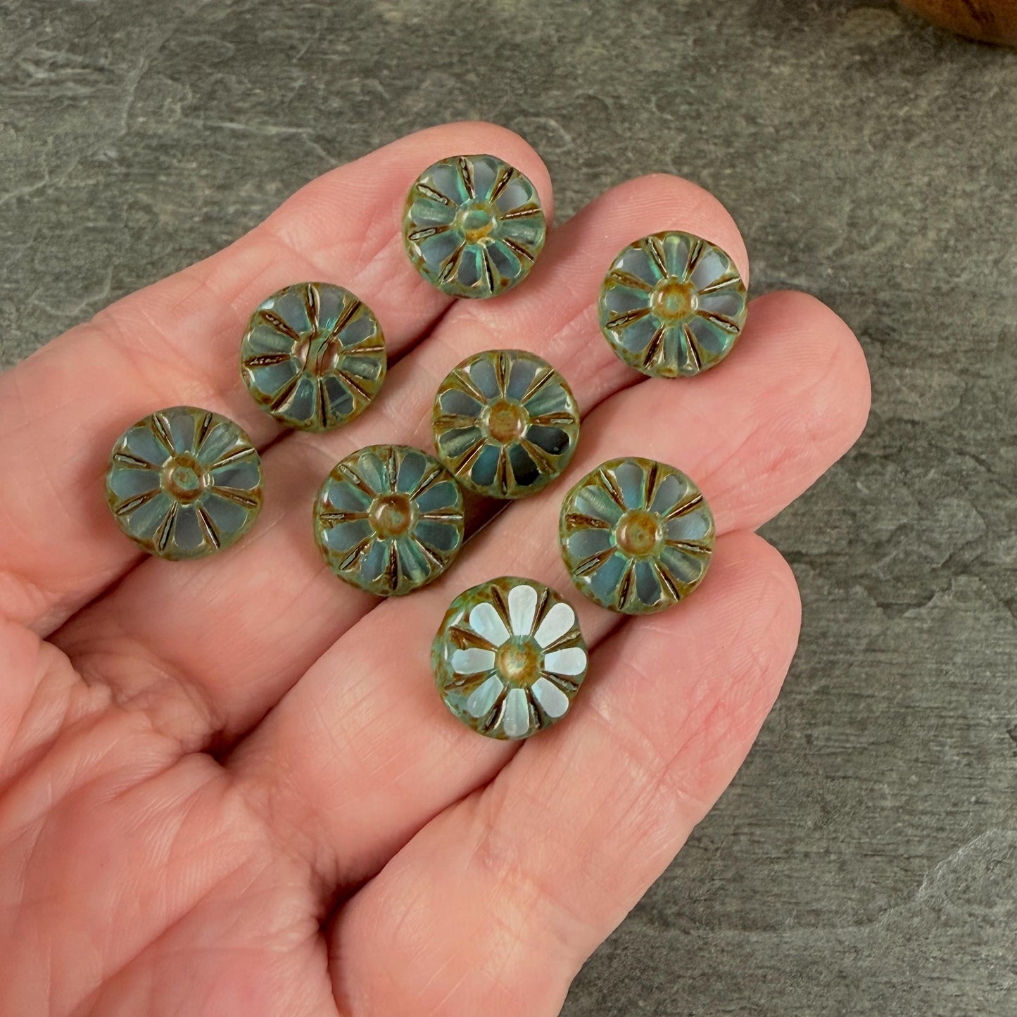 Czech Glass Beads, 12.5mm Table-Cut Coin, Dark Aqua with Travertine Picasso (TCF-66) * Qty. 8