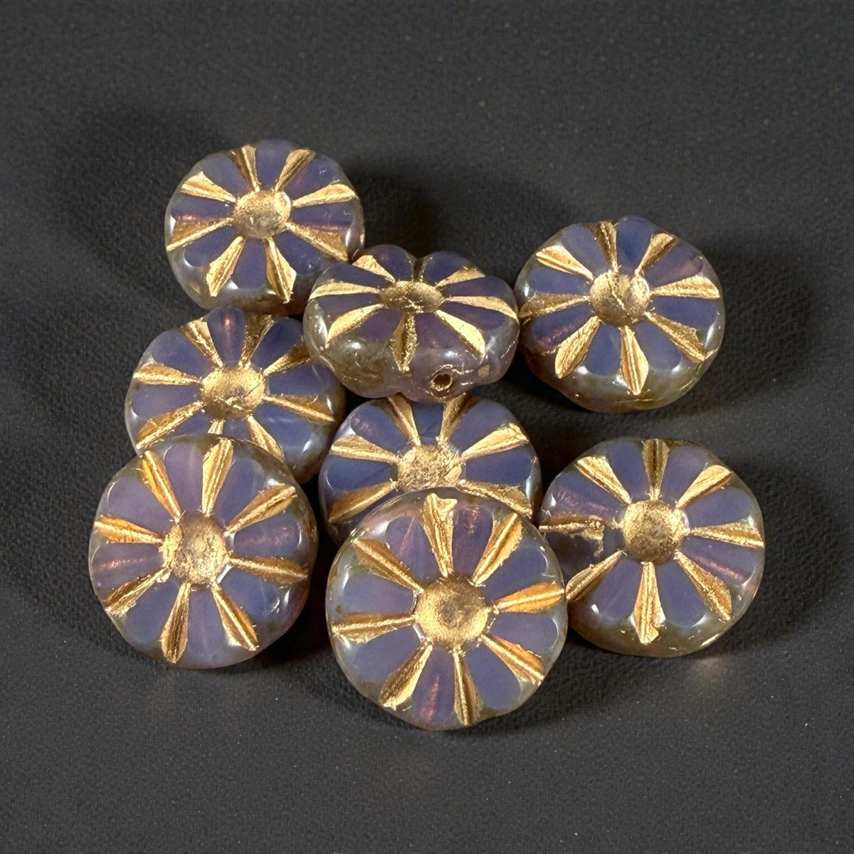 Czech Glass Beads, 12.5mm Table-Cut Coin, Milky Lavender with Gold Wash (TCF-67) * Qty. 8