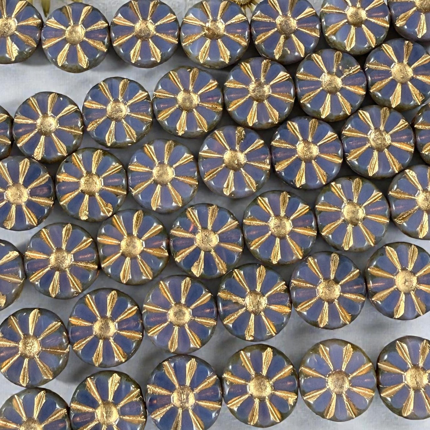 Czech Glass Beads, 12.5mm Table-Cut Coin, Milky Lavender with Gold Wash (TCF-67) * Qty. 8