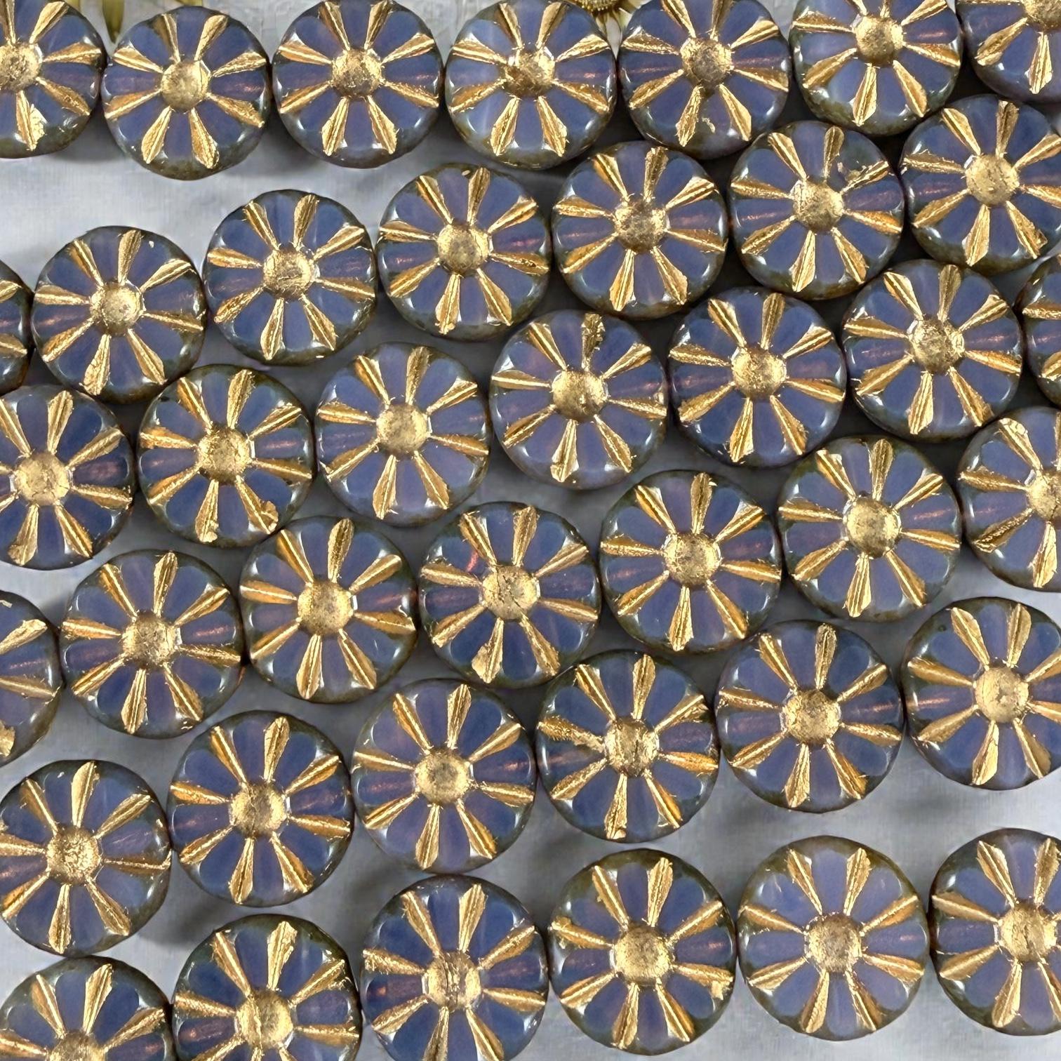 Czech Glass Beads, 12.5mm Table-Cut Coin, Milky Lavender with Gold Wash (TCF-67) * Qty. 8