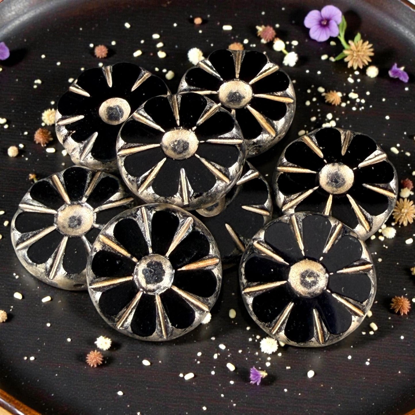 Czech Glass Beads, 12.5mm Table-Cut Coin, Black with Gold Wash (TCF-68) * Qty. 8