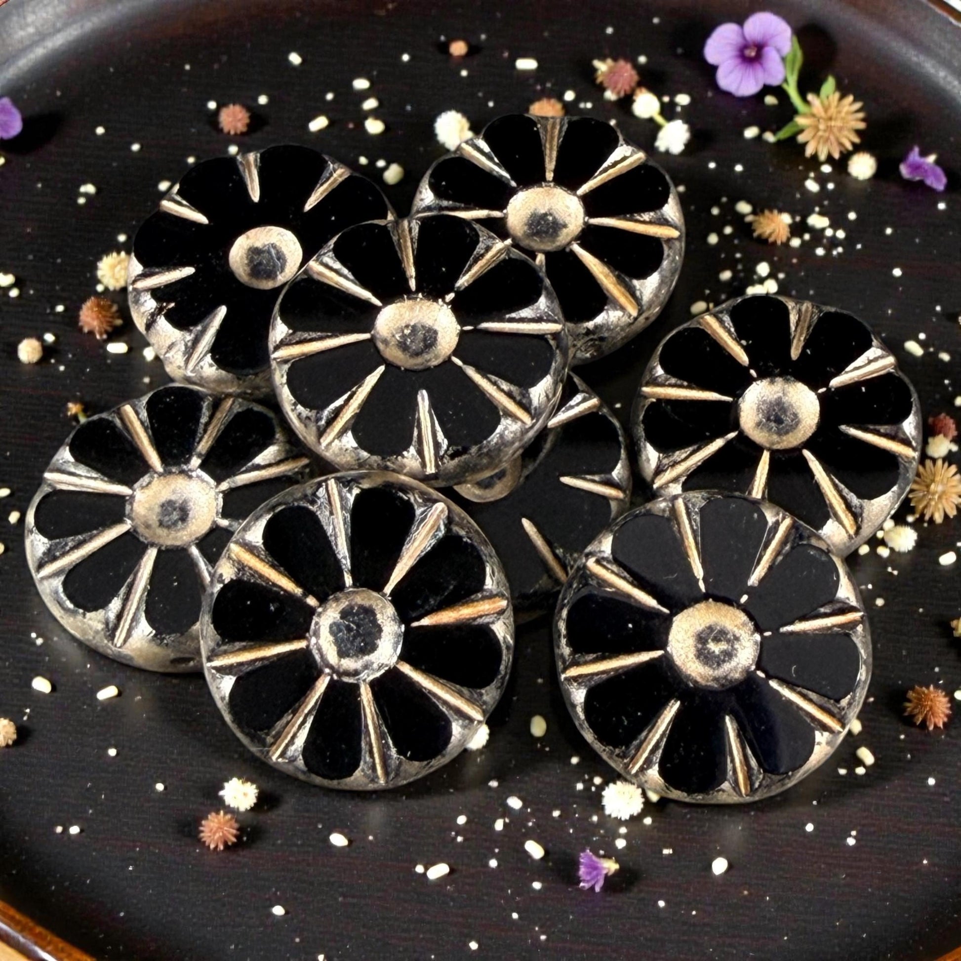 Czech Glass Beads, 12.5mm Table-Cut Coin, Black with Gold Wash (TCF-68) * Qty. 8