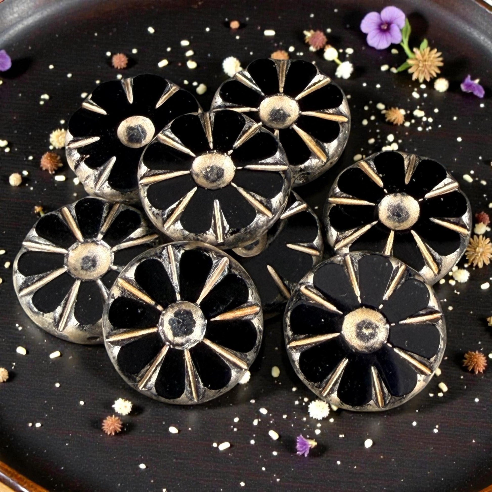 Czech Glass Beads, 12.5mm Table-Cut Coin, Black with Gold Wash (TCF-68) * Qty. 8