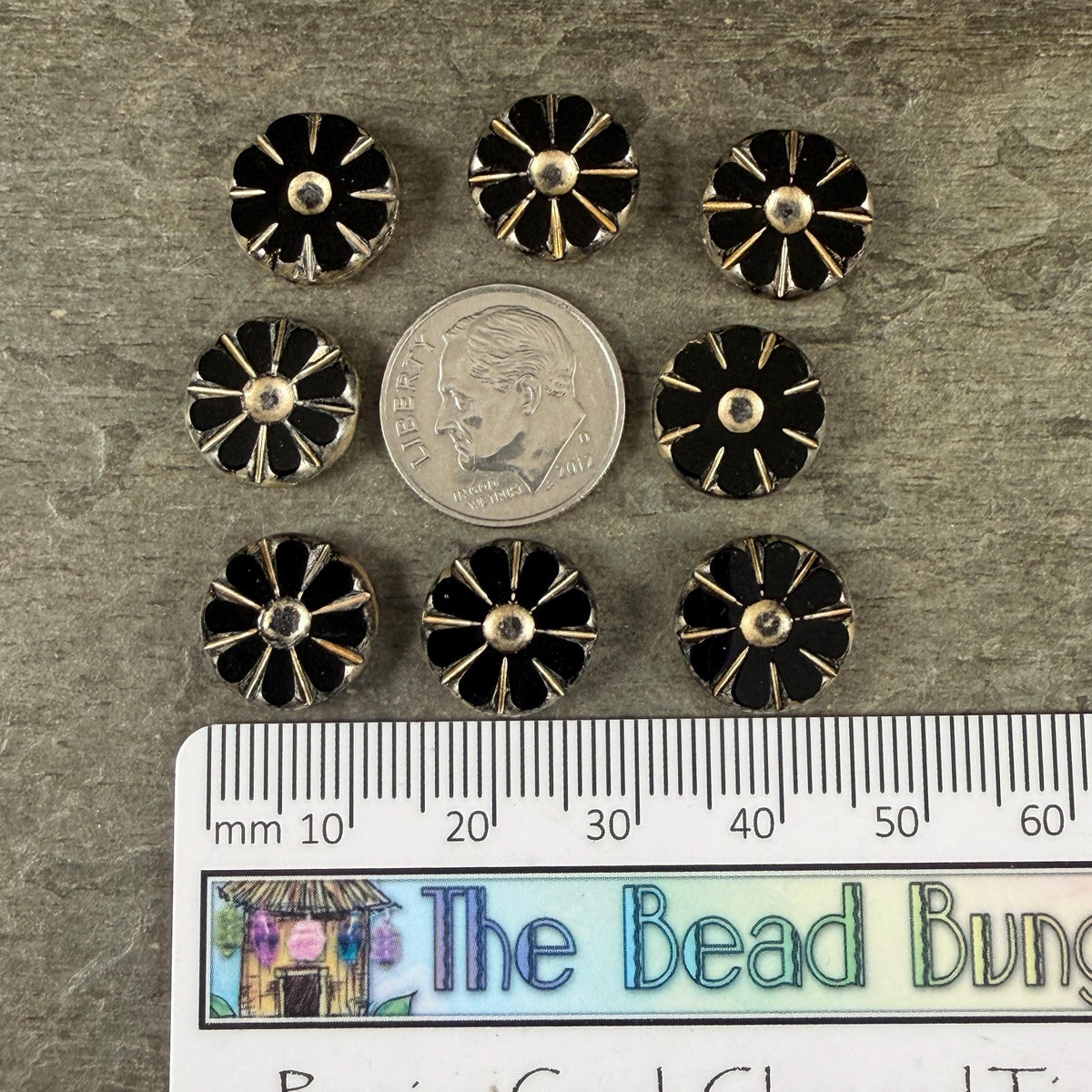 Czech Glass Beads, 12.5mm Table-Cut Coin, Black with Gold Wash (TCF-68) * Qty. 8