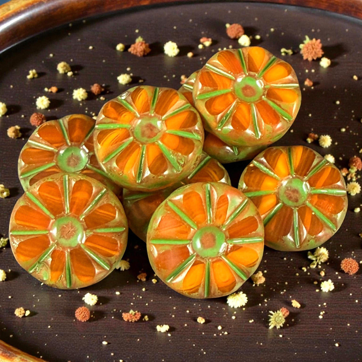 Czech Glass Beads, 12.5mm Table-Cut Coin, Orange Opaline with Moss Green Wash (TCF-70) * Qty. 8