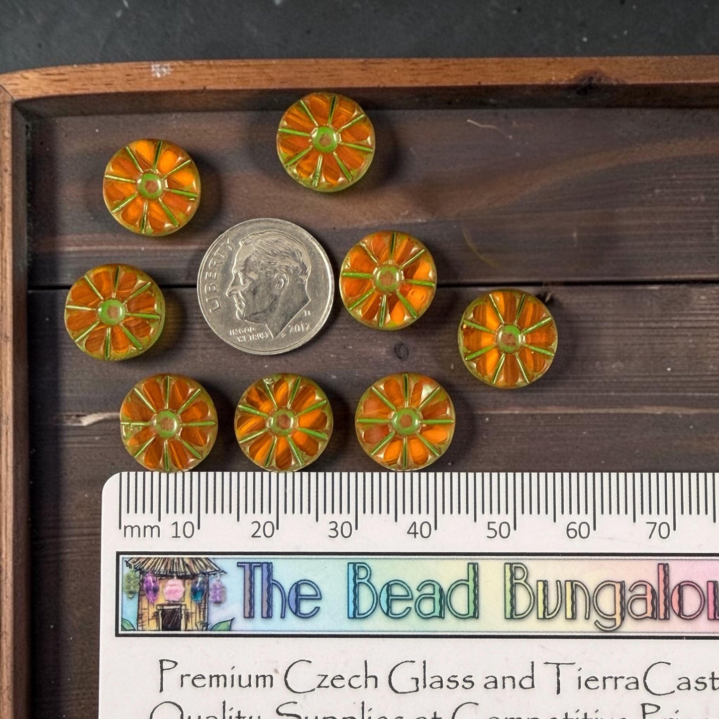 Czech Glass Beads, 12.5mm Table-Cut Coin, Orange Opaline with Moss Green Wash (TCF-70) * Qty. 8