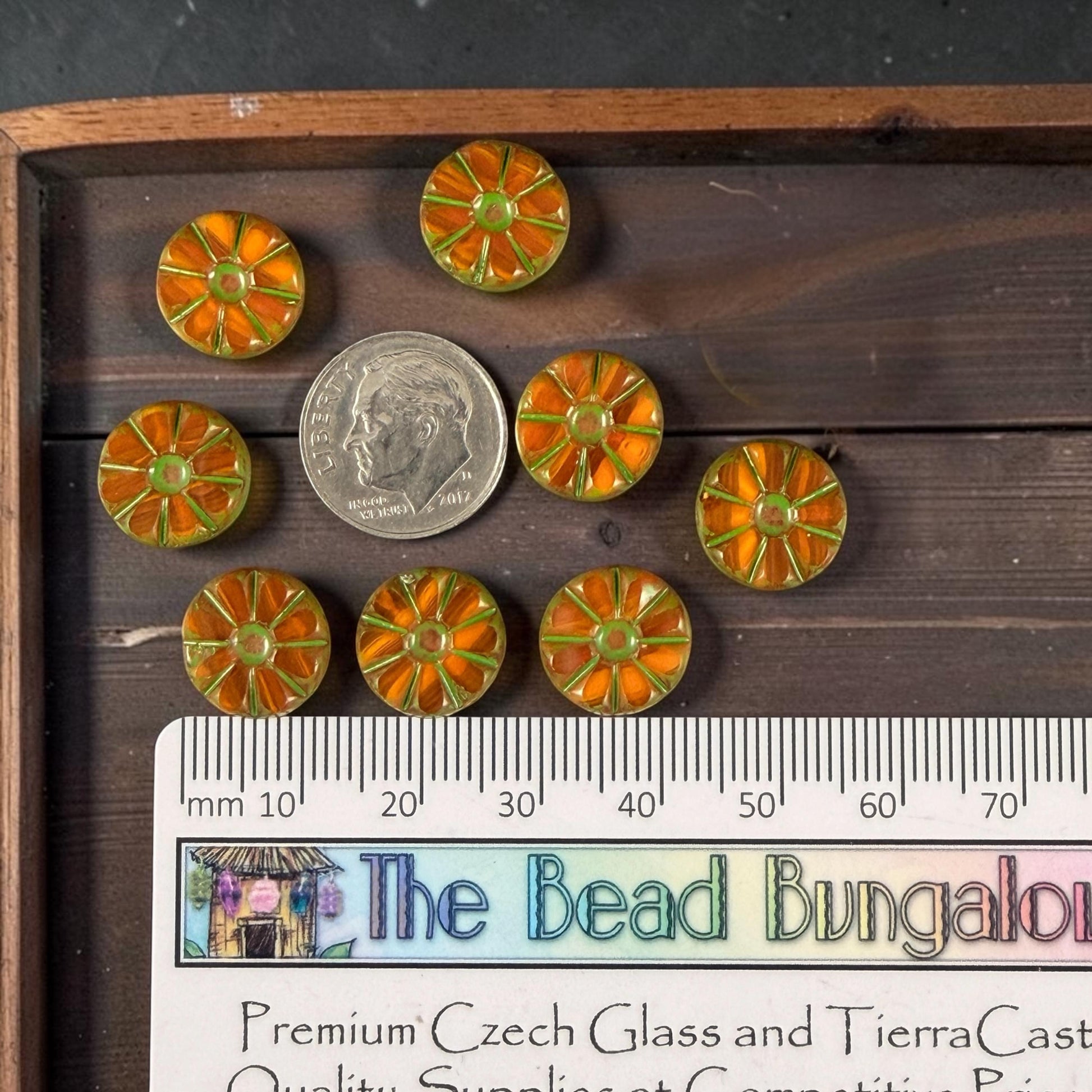 Czech Glass Beads, 12.5mm Table-Cut Coin, Orange Opaline with Moss Green Wash (TCF-70) * Qty. 8