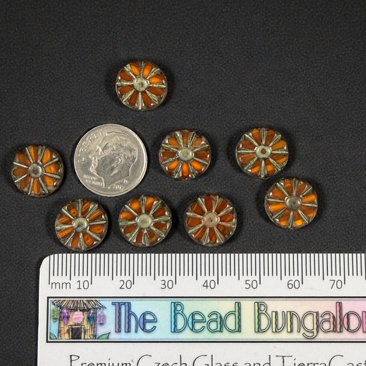 Czech Glass Beads, 12.5mm Table-Cut Coin, Rust and Orange with Travertine Picasso (TCF-72) * Qty. 8