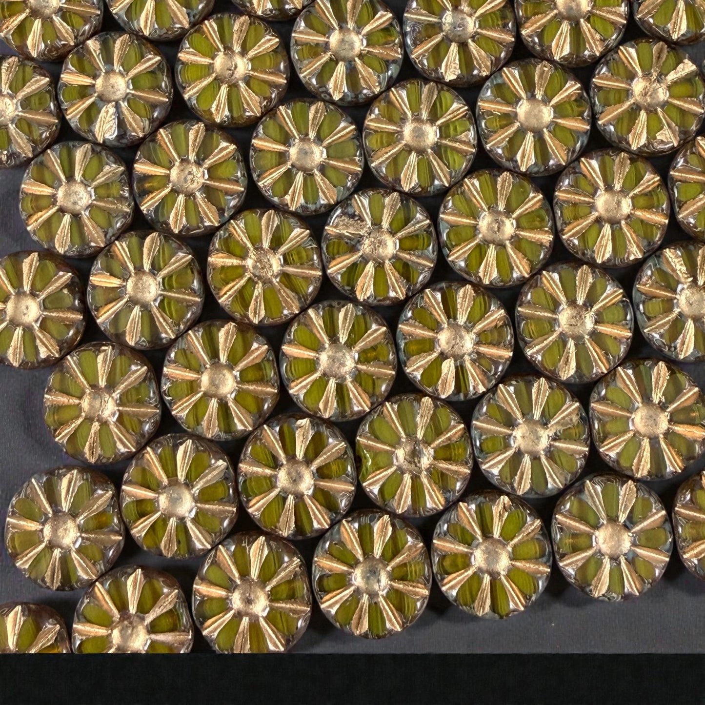 Czech Glass Beads, 12.5mm Table-Cut Coin, Yellow Opaline with Gold Wash and Travertine Picasso (TCF-73) * Qty. 8