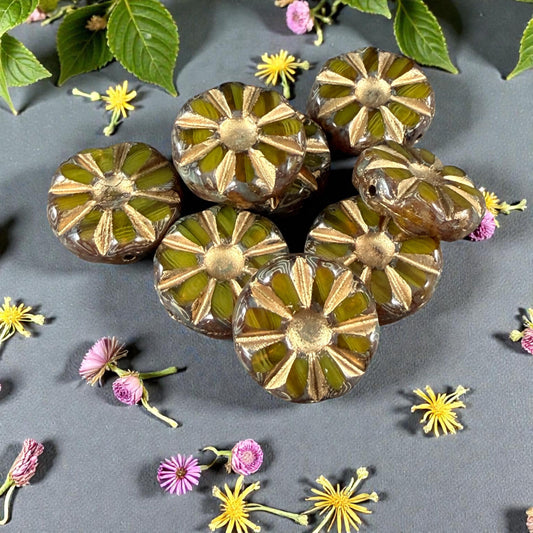 Czech Glass Beads, 12.5mm Table-Cut Coin, Yellow Opaline with Gold Wash and Travertine Picasso (TCF-73) * Qty. 8
