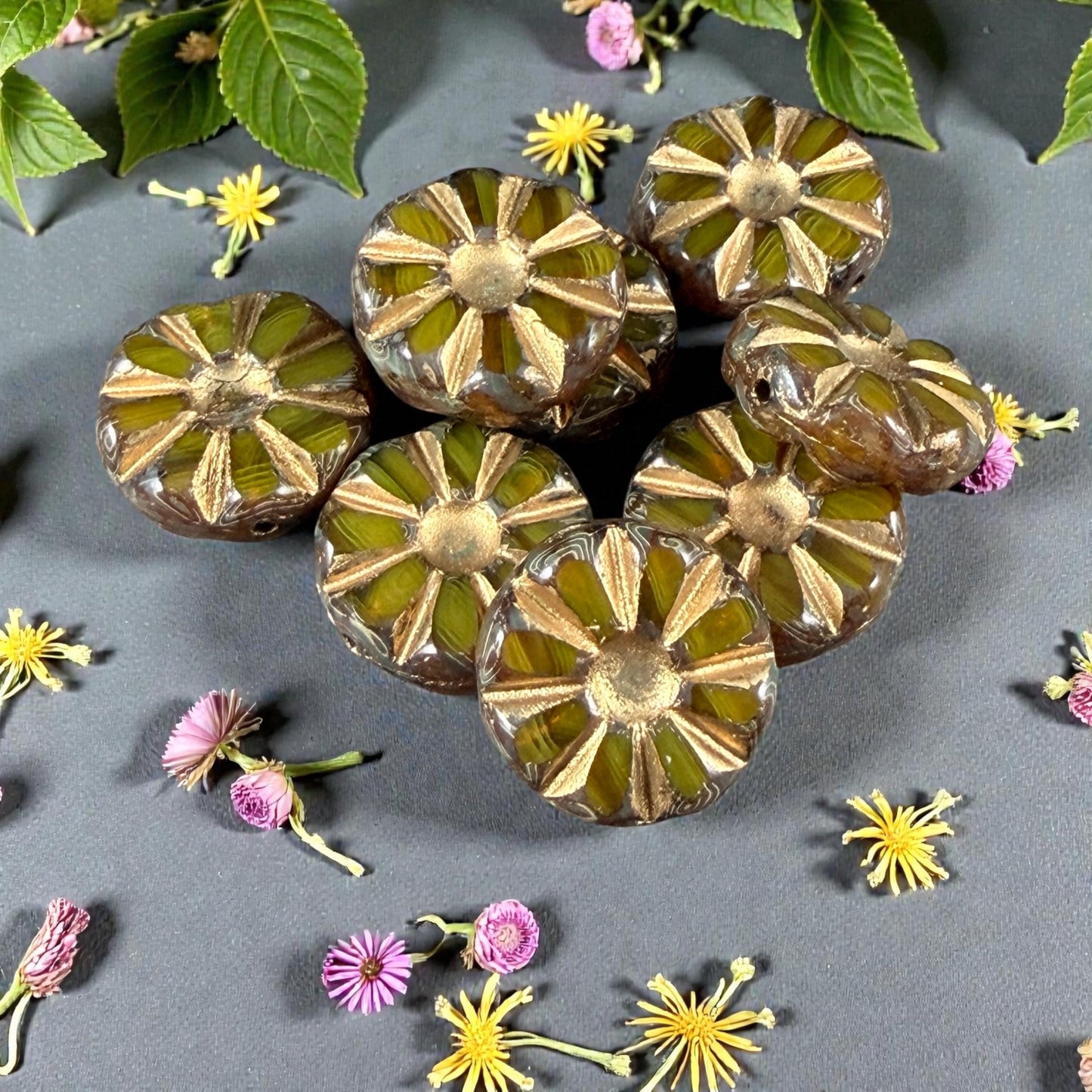 Czech Glass Beads, 12.5mm Table-Cut Coin, Yellow Opaline with Gold Wash and Travertine Picasso (TCF-73) * Qty. 8