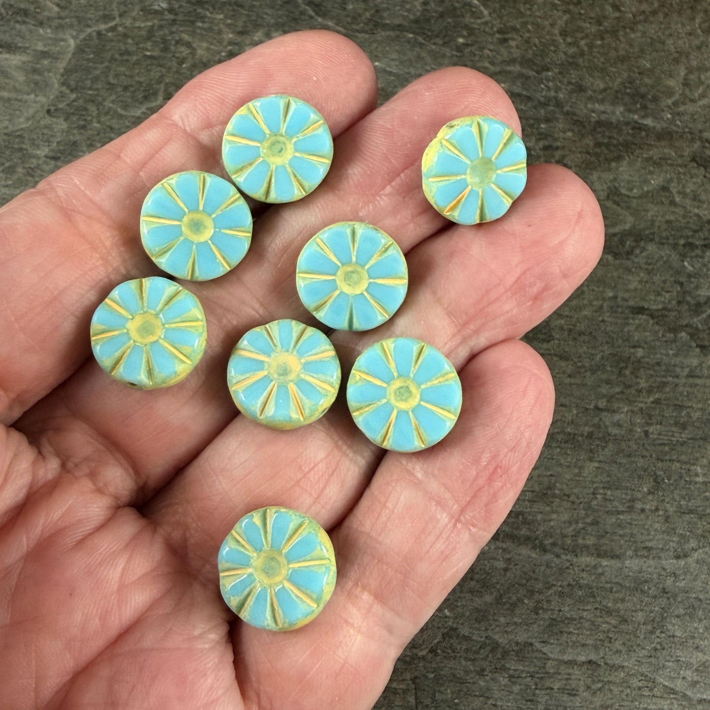 Czech Glass Beads, 12.5mm Table-Cut Coin, Opaque Arctic Blue with Yellow Wash (TCF-74) * Qty. 8