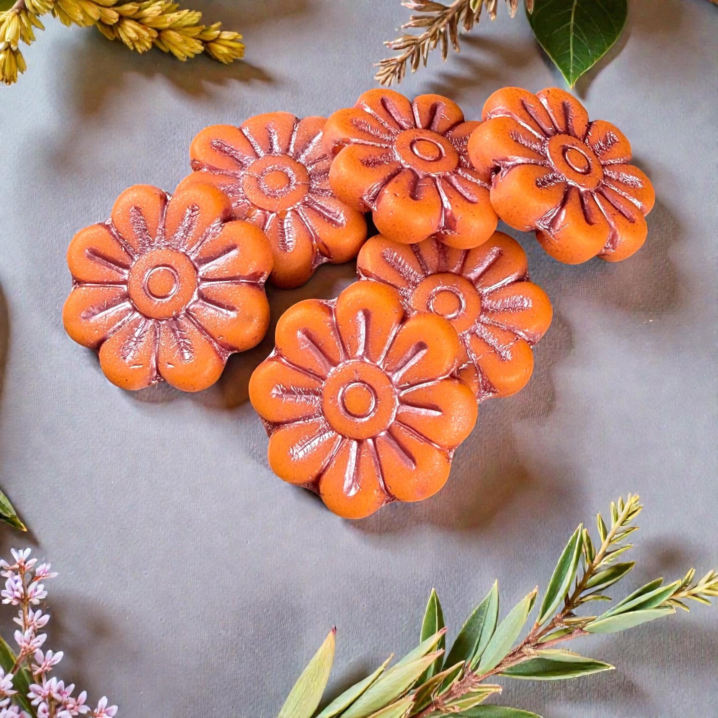 Czech Glass Beads - 17mm Daisy Flower, Matte Orange with Metallic Pink Wash (PLD-23) * 6 Beads