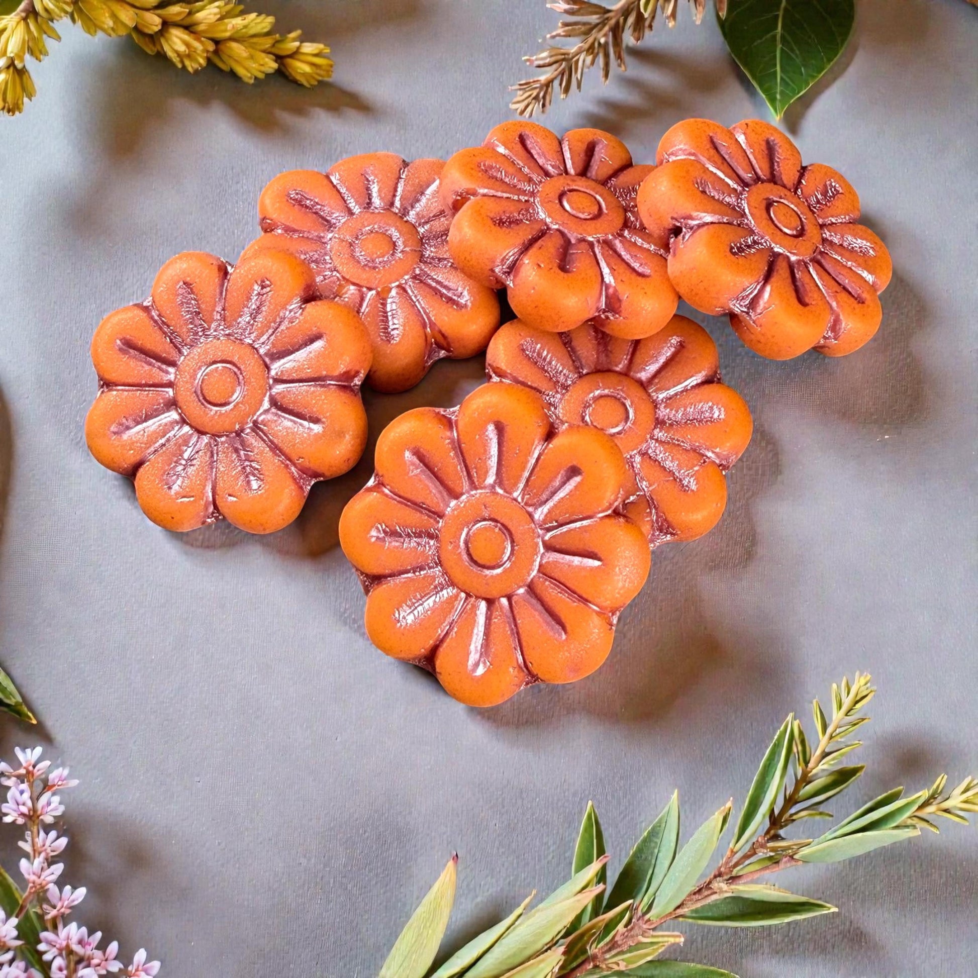 Czech Glass Beads - 17mm Daisy Flower, Matte Orange with Metallic Pink Wash (PLD-23) * 6 Beads