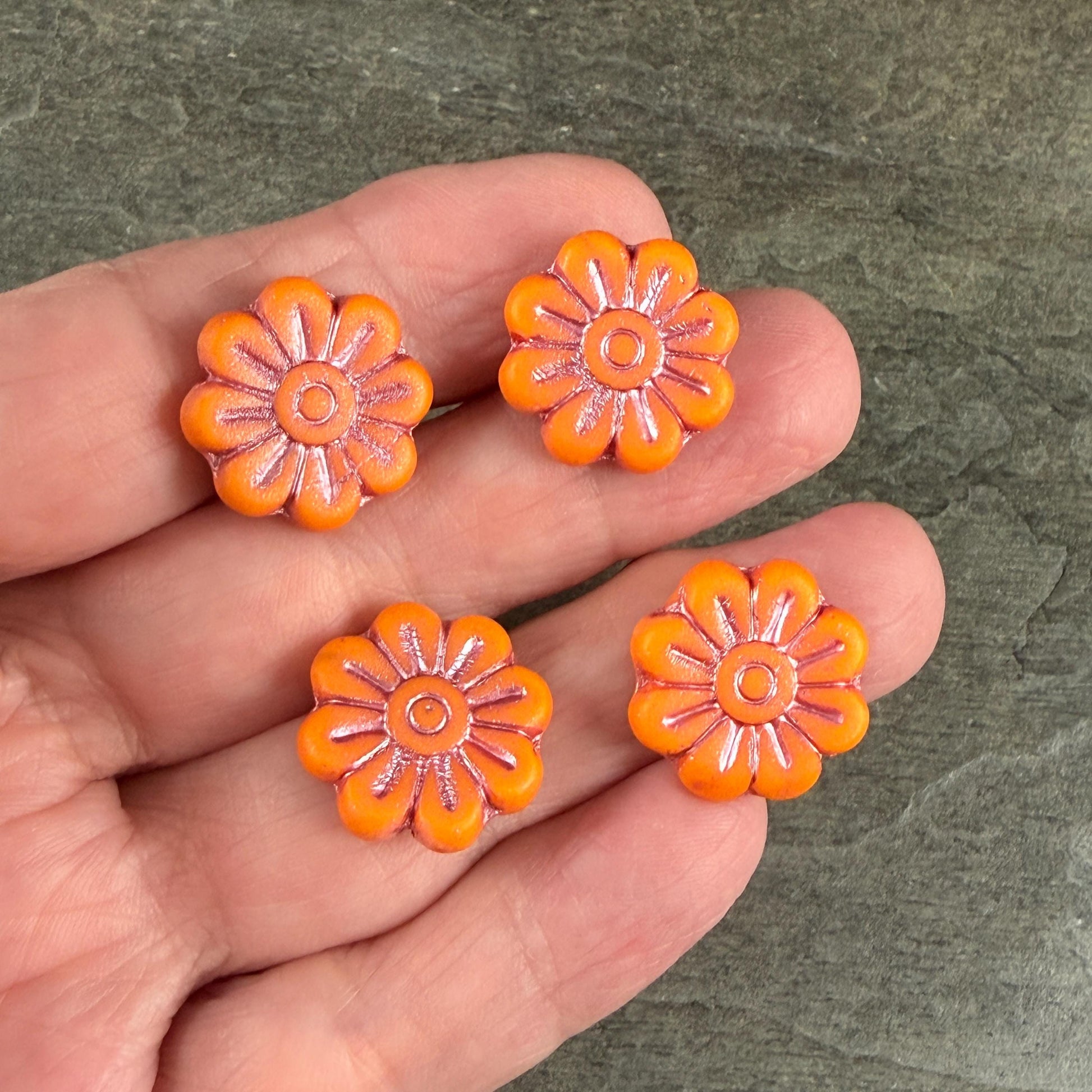 Czech Glass Beads - 17mm Daisy Flower, Matte Orange with Metallic Pink Wash (PLD-23) * 6 Beads