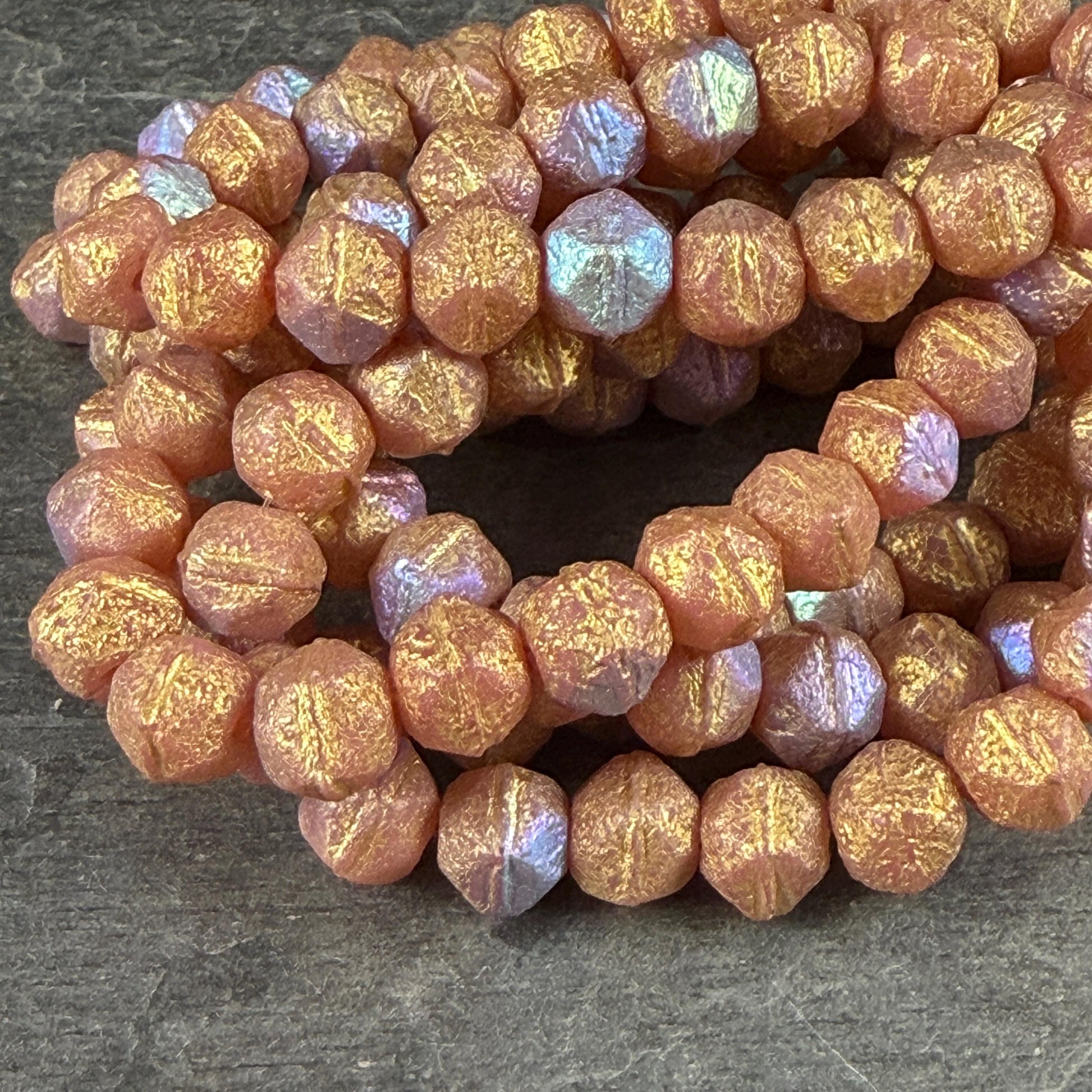 Czech Glass Beads, 8mm English Cut, Etched Salmon Pink with AB and Gold Finishes (EC8/N-0225) * Qty. 20