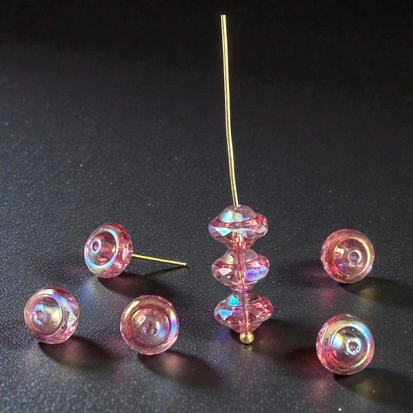 Czech Glass Beads - 6x8mm Faceted Bicone, Clear with Pink Picasso and AB Finishes (SAT/N-0469) * 15 Beads