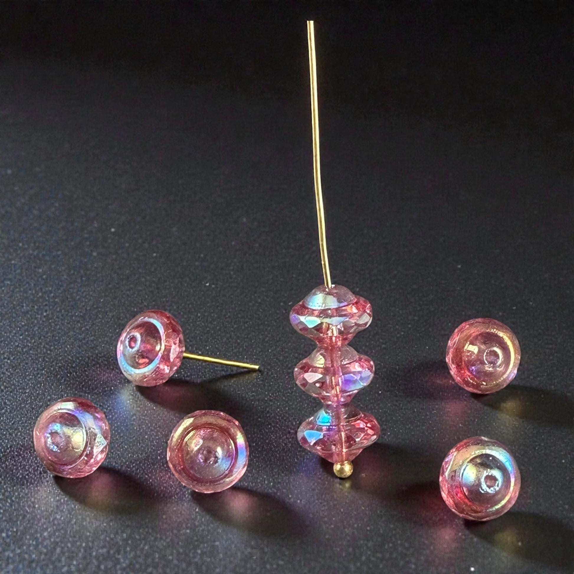 Czech Glass Beads - 6x8mm Faceted Bicone, Clear with Pink Picasso and AB Finishes (SAT/N-0469) * 15 Beads