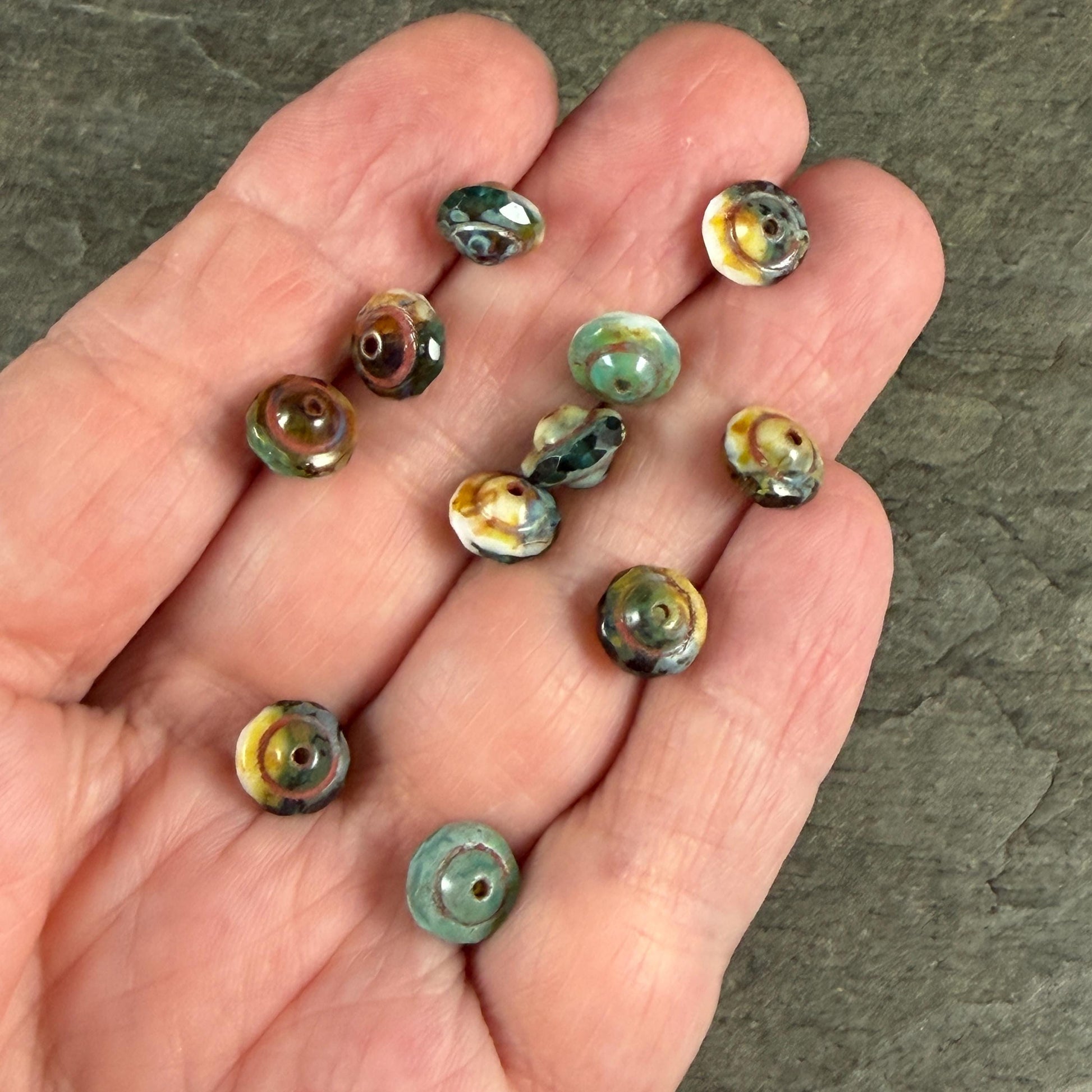 Czech Glass Beads - 6x8mm Faceted Bicone, Aqua, White and Topaz with Picasso (SAT/N-0403) * 15 Beads