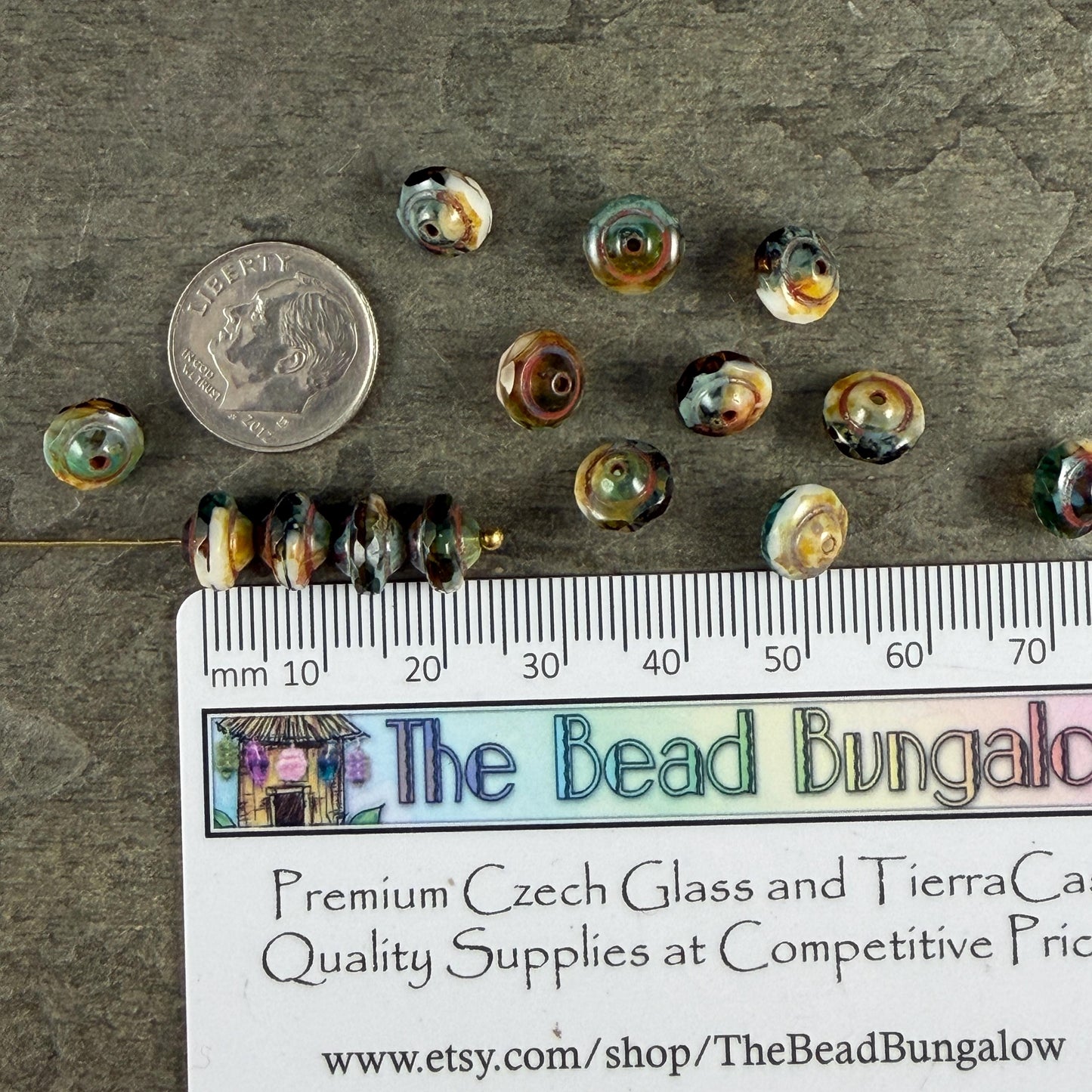 Czech Glass Beads - 6x8mm Faceted Bicone, Aqua, White and Topaz with Picasso (SAT/N-0403) * 15 Beads