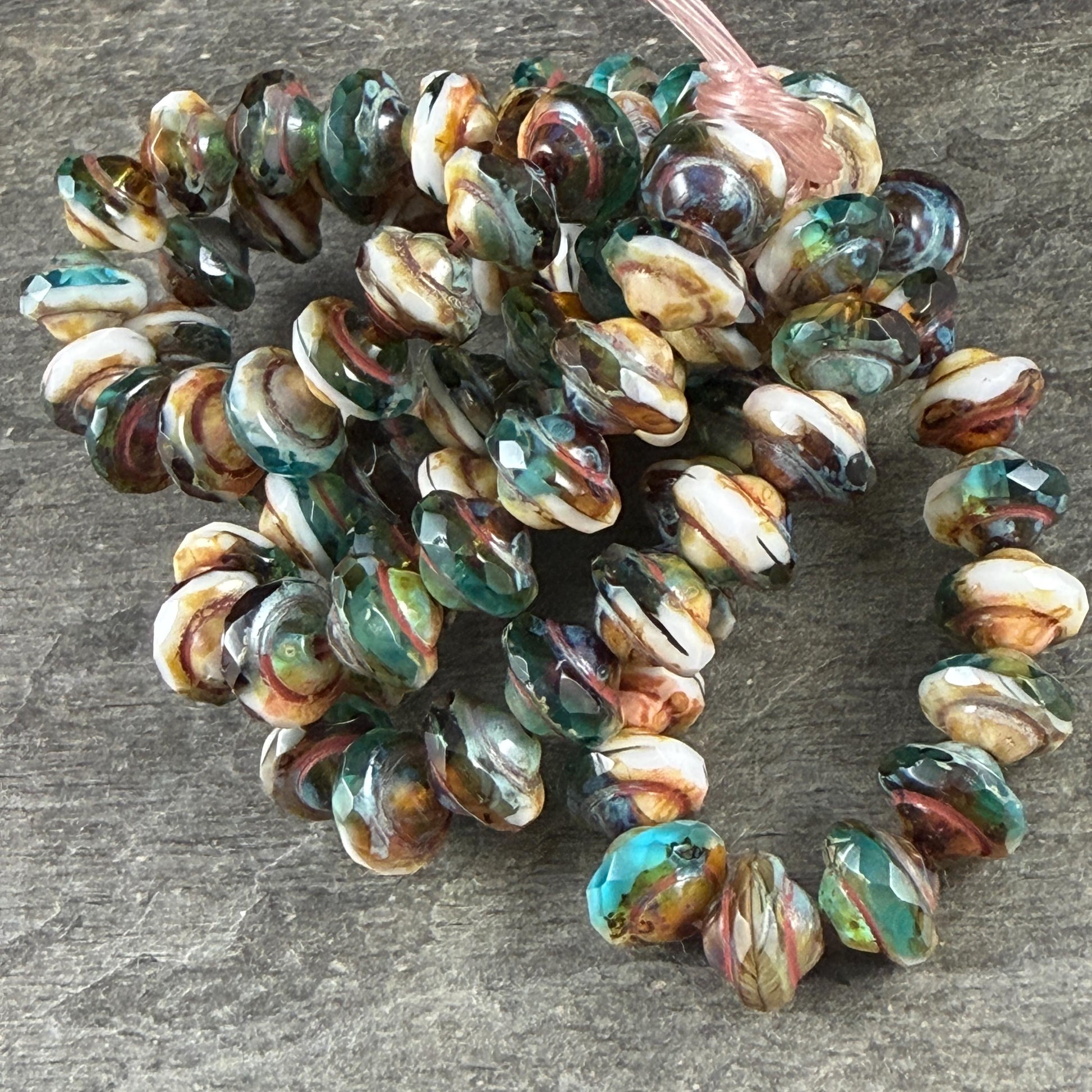 Czech Glass Beads - 6x8mm Faceted Bicone, Aqua, White and Topaz with Picasso (SAT/N-0403) * 15 Beads