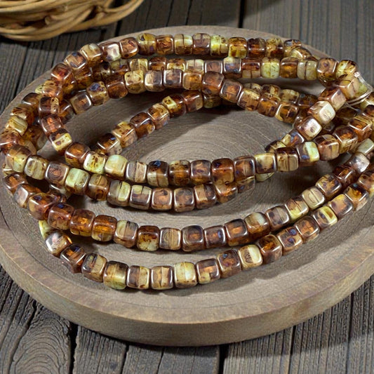 Czech Glass Beads - 4mm Cube, Brown and Tea Green with Picasso (CUB/N-0156) * Qty. 40