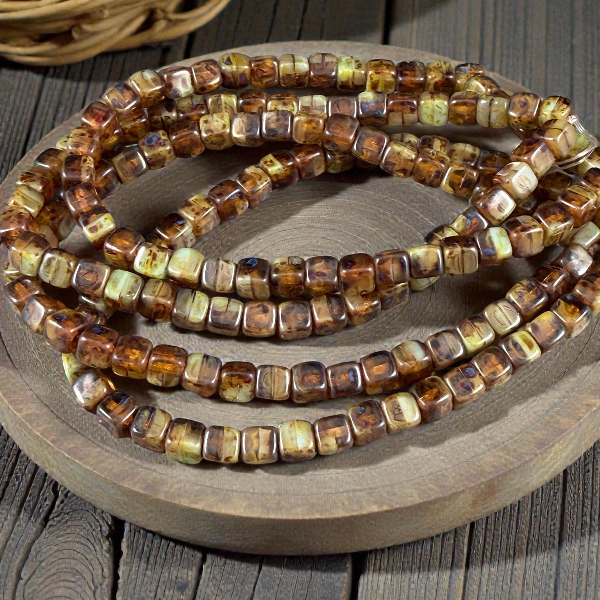 Czech Glass Beads - 4mm Cube, Brown and Tea Green with Picasso (CUB/N-0156) * Qty. 40