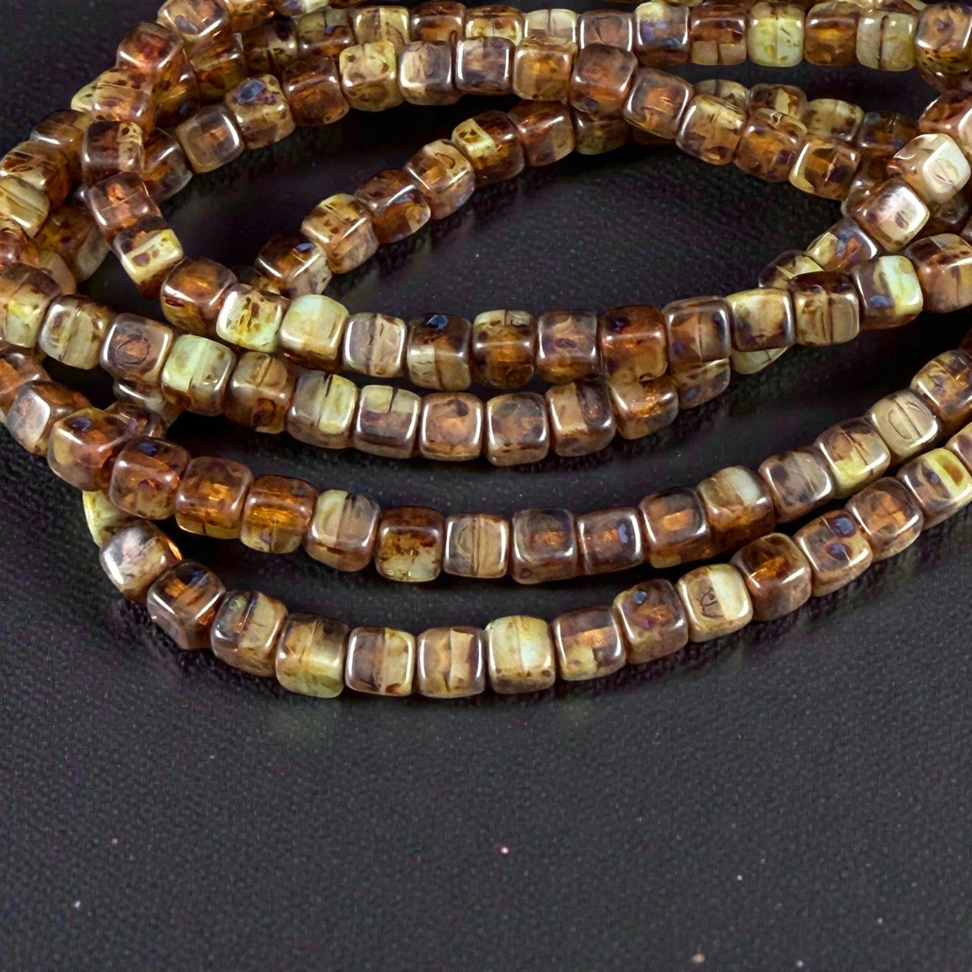 Czech Glass Beads - 4mm Cube, Brown and Tea Green with Picasso (CUB/N-0156) * Qty. 40