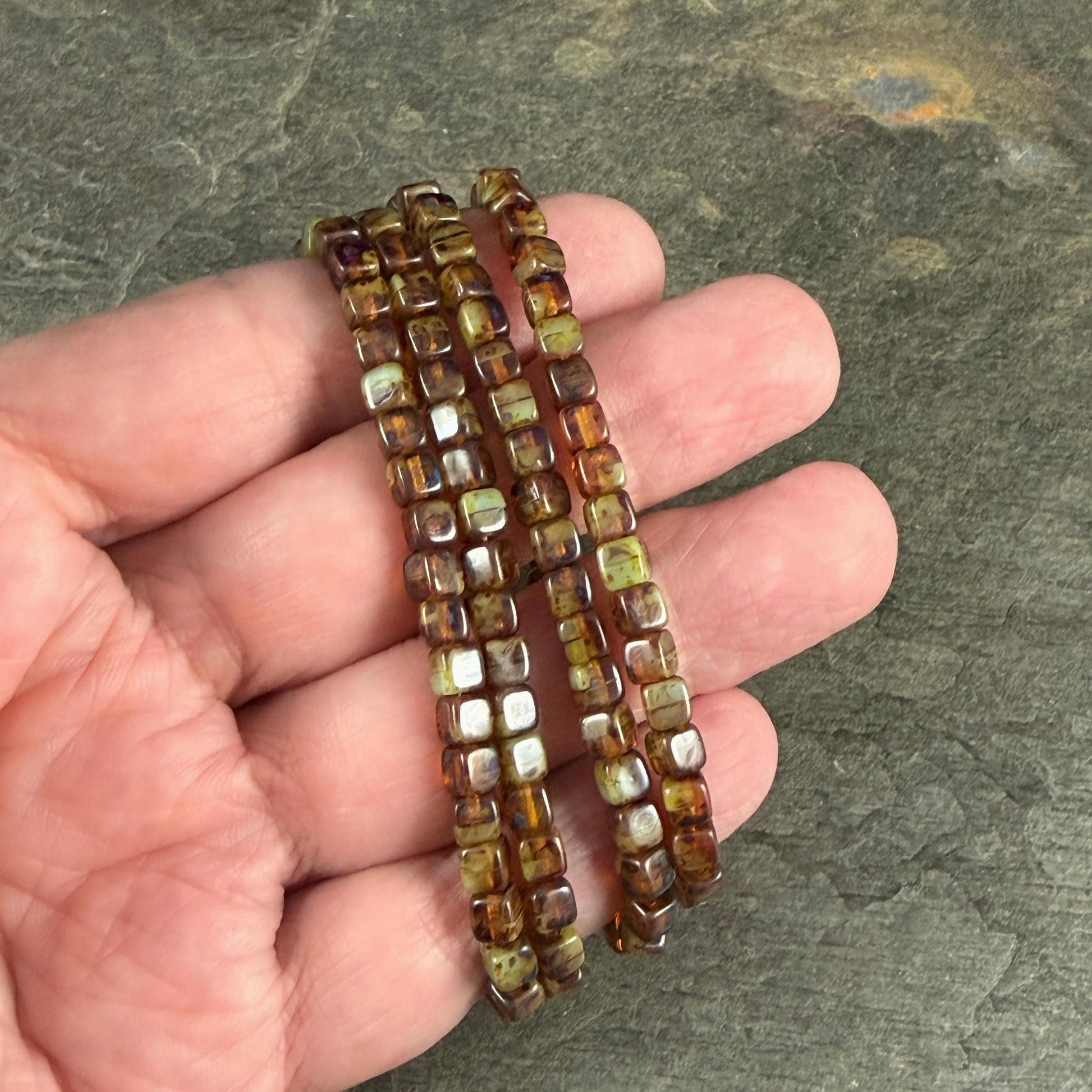 Czech Glass Beads - 4mm Cube, Brown and Tea Green with Picasso (CUB/N-0156) * Qty. 40