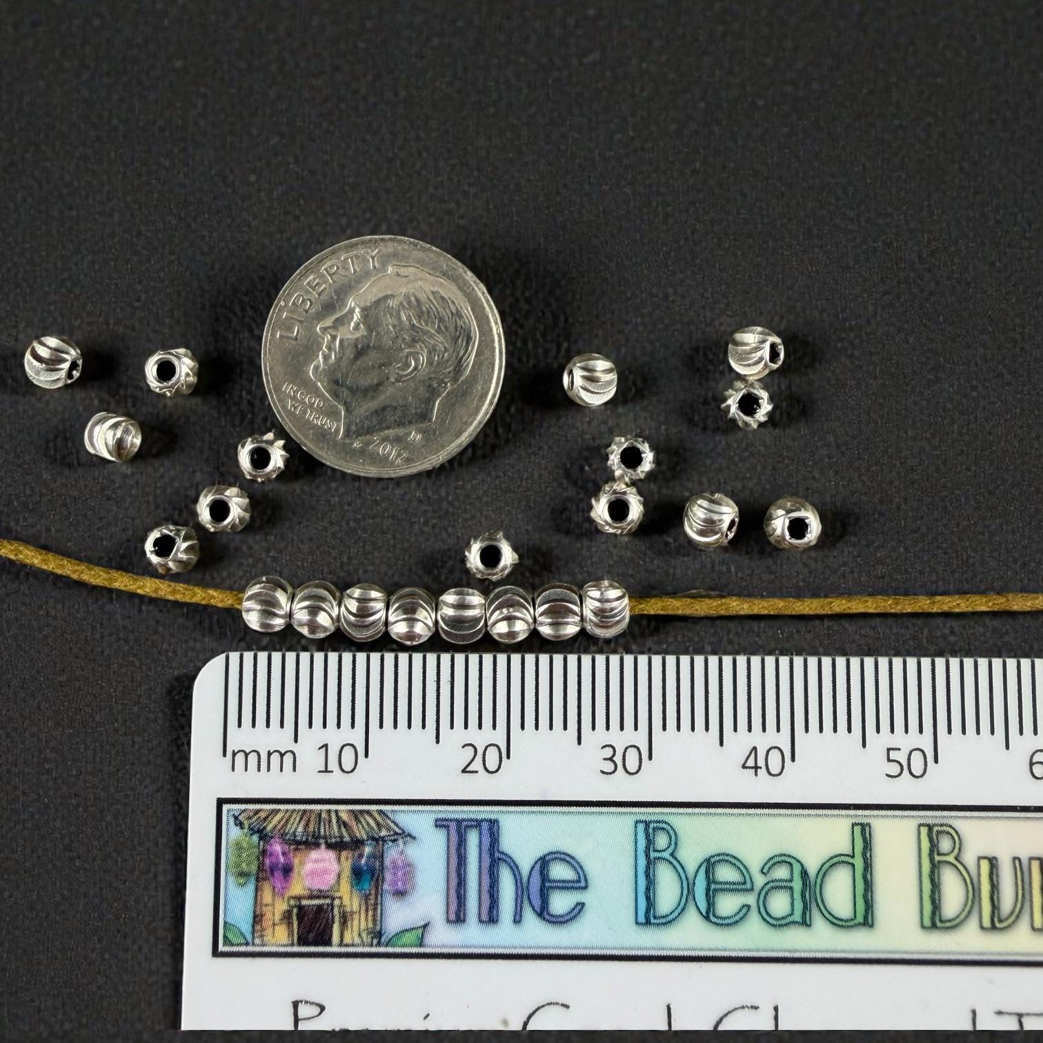 Diamond Cut 4mm Round Bead, Antiqued Silver Plated Brass (PF/793-40-77) * Qty. 20