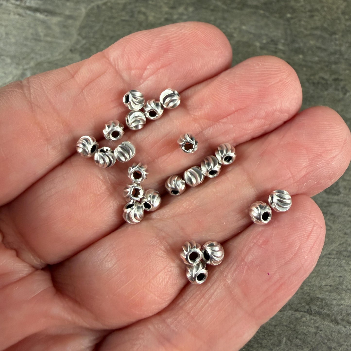 Diamond Cut 4mm Round Bead, Antiqued Silver Plated Brass (PF/793-40-77) * Qty. 20