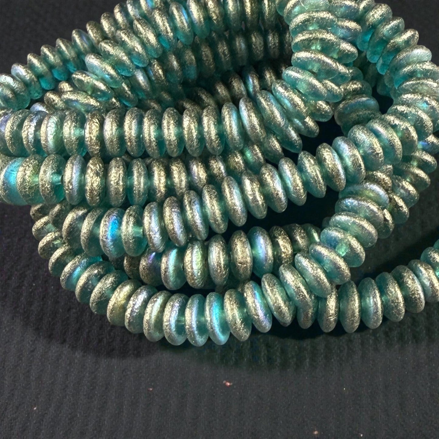 Czech Glass Beads - 6x2mm Heishi Rondelle, Etched Aqua with Gold and AB Finish (DSC/N-2026) * Qty. 50