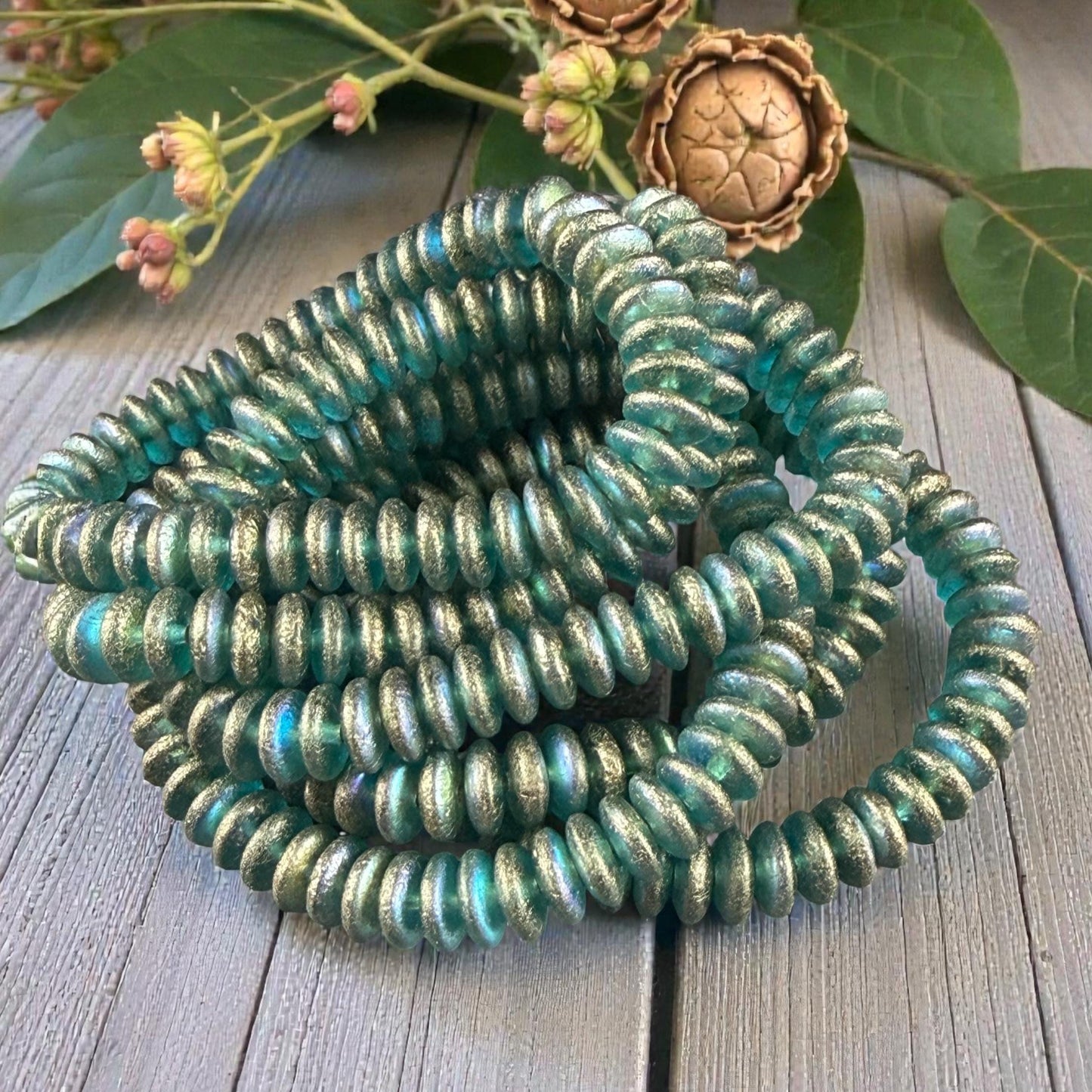 Czech Glass Beads - 6x2mm Heishi Rondelle, Etched Aqua with Gold and AB Finish (DSC/N-2026) * Qty. 50