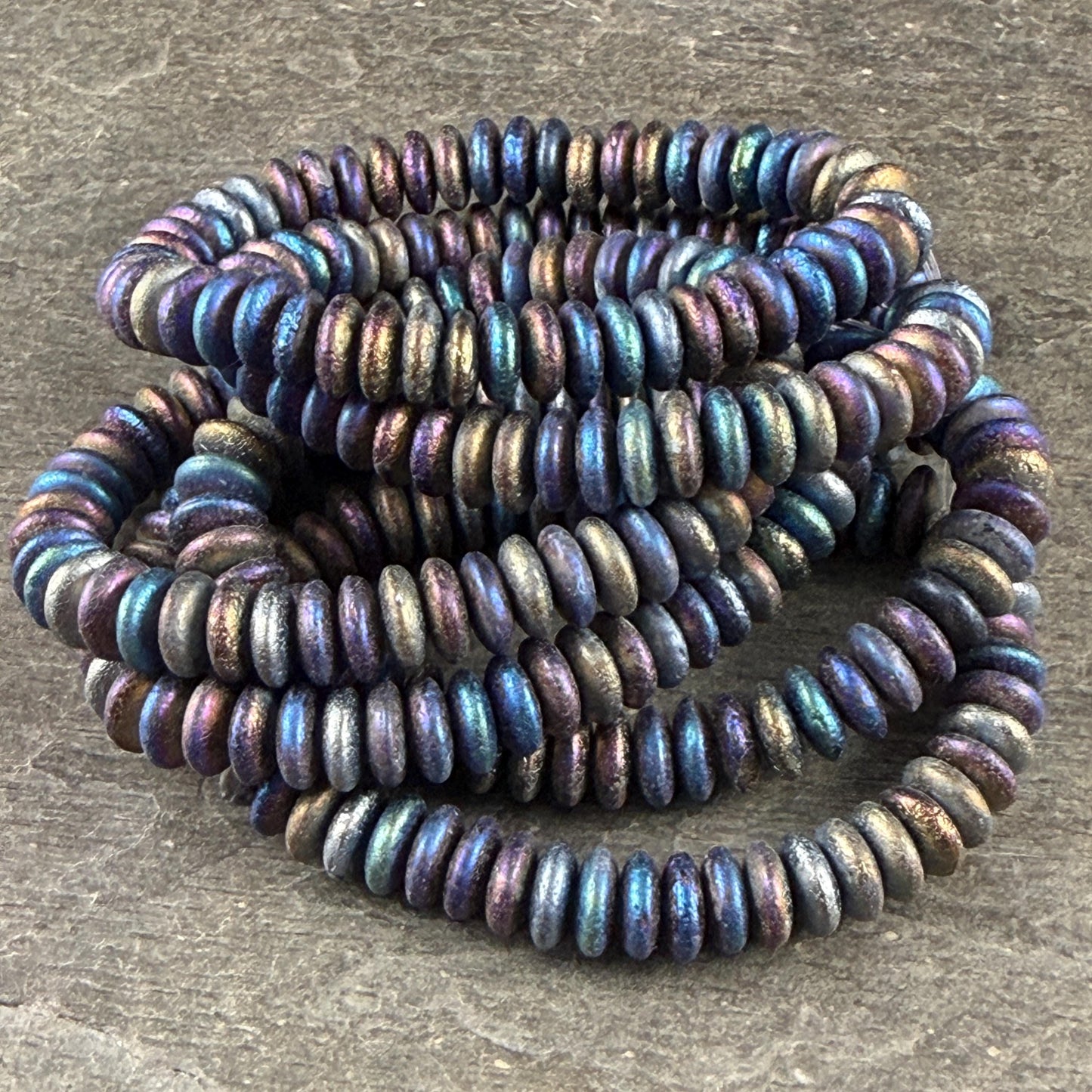 Czech Glass Beads - 6x2mm Heishi Rondelle, Metallic Blue Iris, Etched (DSC/N-0423) * Qty. 50
