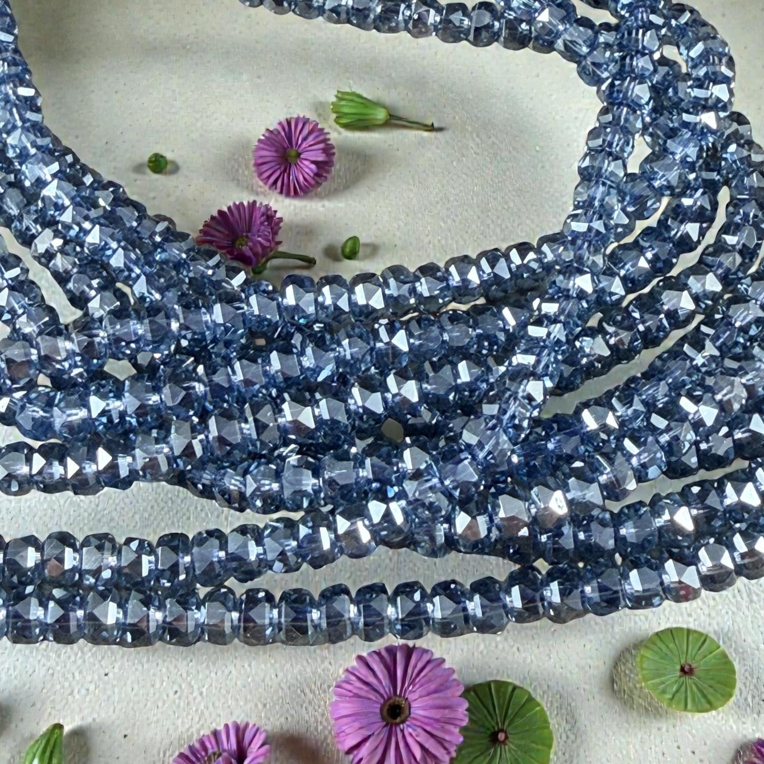 Faceted Glass Beads - 4x2.5mm Heishi Rondelles, Transparent Sapphire Blue (Sapphire) * 7" Strand