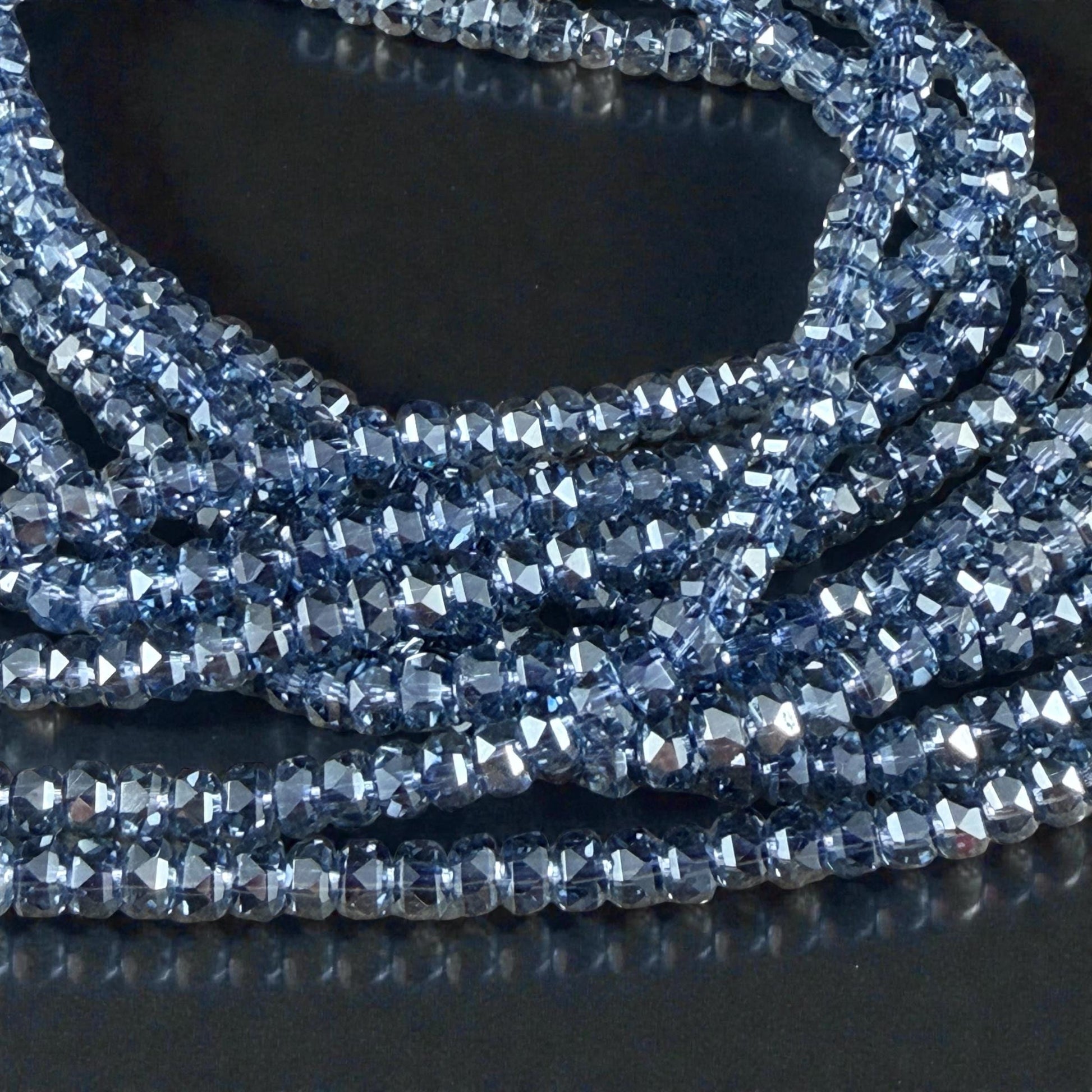 Faceted Glass Beads - 4x2.5mm Heishi Rondelles, Transparent Sapphire Blue (Sapphire) * 7" Strand