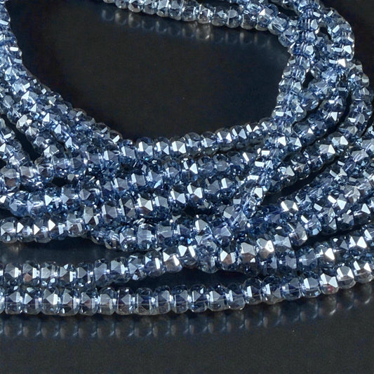 Faceted Glass Beads - 4x2.5mm Heishi Rondelles, Transparent Sapphire Blue (Sapphire) * 7" Strand