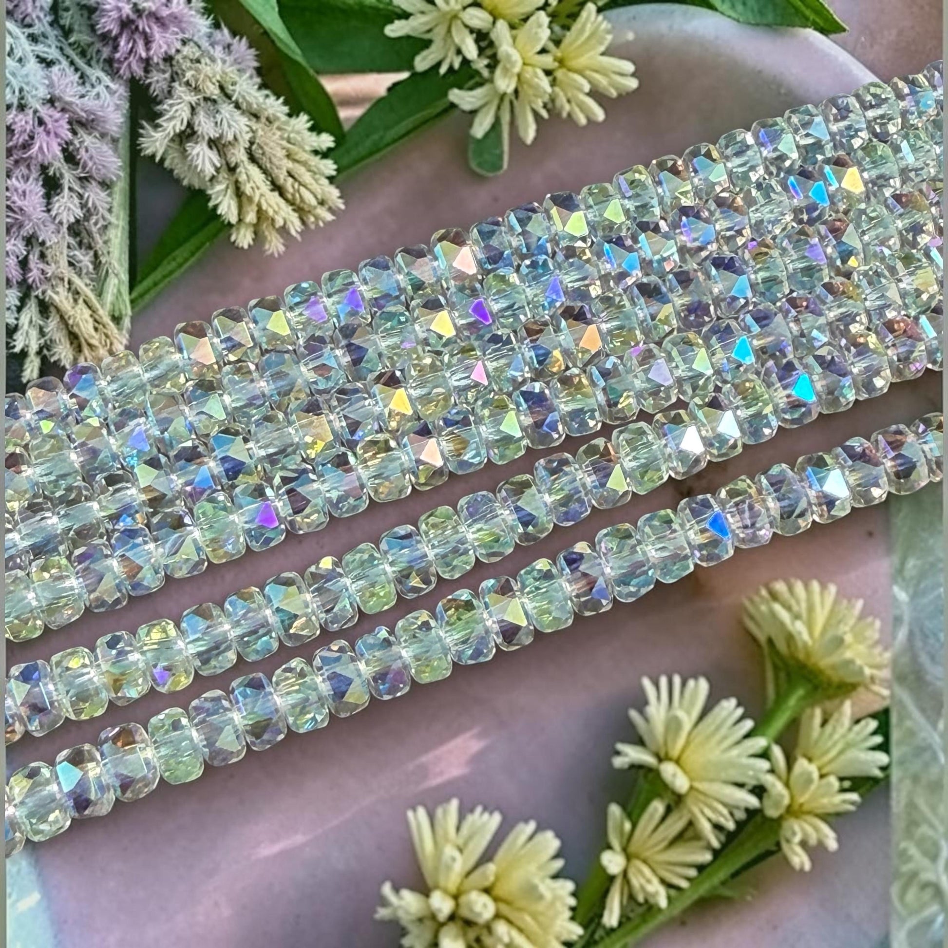 Faceted Glass Beads - 4x2.5mm Heishi Rondelles, Clear with AB Finish (Clear AB) * 7" Strand