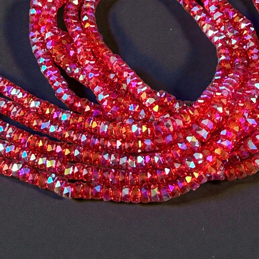 Faceted Glass Beads - 4x2.5mm Heishi Rondelles, Siam AB Transparent Red (Siam-AB) * 7" Strand