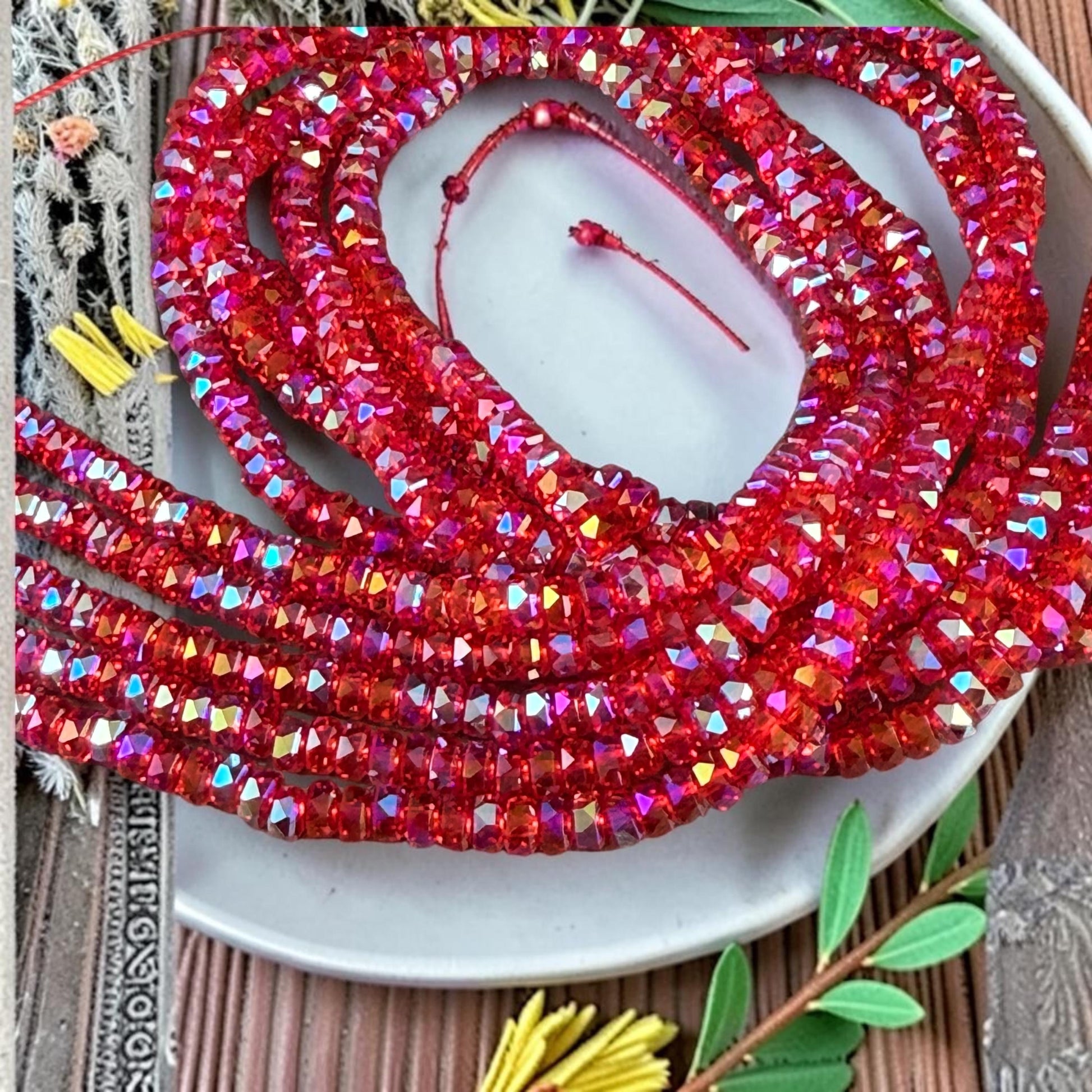 Faceted Glass Beads - 4x2.5mm Heishi Rondelles, Siam AB Transparent Red (Siam-AB) * 7" Strand