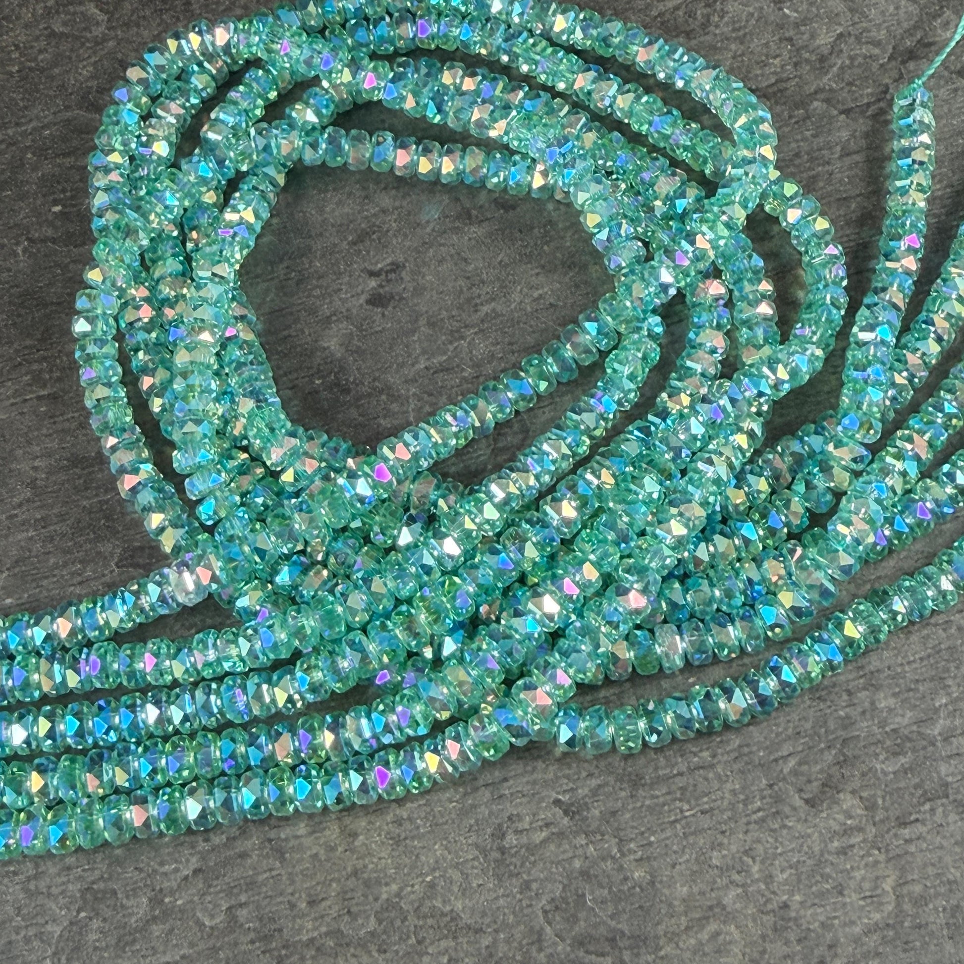 Faceted Glass Beads - 4x2.5mm Heishi Rondelles, Green Aquamarine with AB Finish (GAquaAB) * 7" Strand